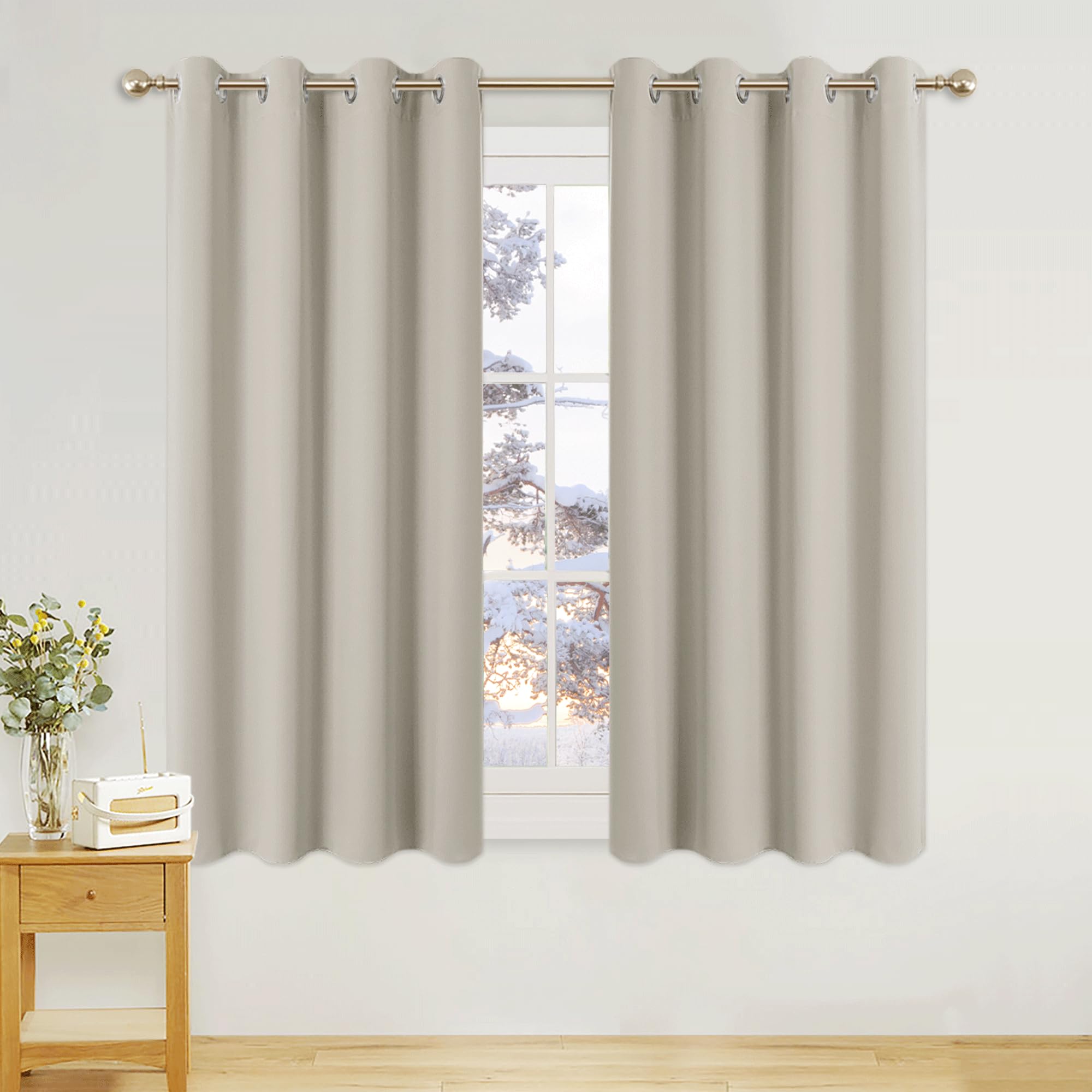 PONY DANCE Natural Thermal Insulated Short Curtains 54 Drop Bedroom Energy Saving Curtains with Eyelet Balance Temperature Panels for Kitchen/Living Room