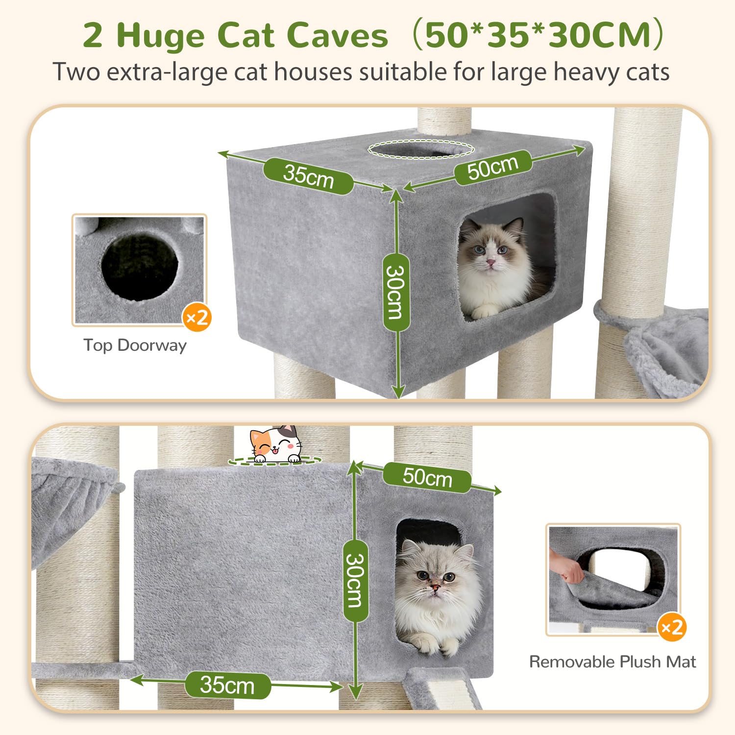 Globlazer Arbre a Chat Gros Poteaux 11 cm, Arbres à Chats XXL Maine Coon avec 2 Spacieuse Niches, Plateforme Rembourrée, Rampe en Sisal, Stable Arbre à Chat 170 cm pour Gros Chat (S67, Gris Clair) - 5