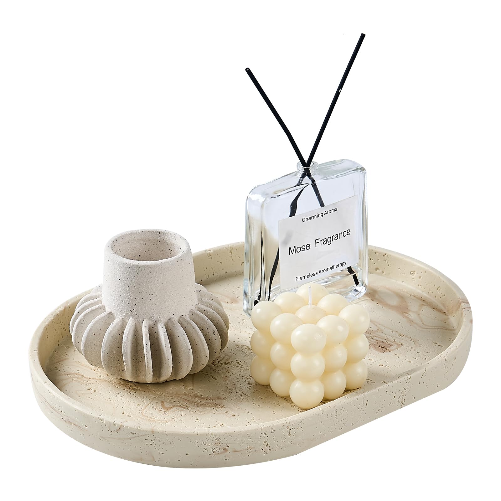 Natural Travertine Textures Tray, 13" Oval Vanity Decorative Tray for Countertop, Perfume, Candles, Jewelry Dish Tray