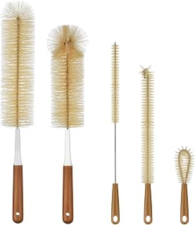 ALINK 5-Pack Extra Long Bottle Brush Cleaner Set - Bamboo Handle Straw, Tube & Lid Brushes for Water Bottles, Thermos, Wine Decanters