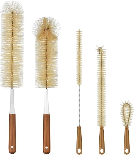 ALINK Paquete de 5 cepillos limpiadores de botellas  Cepillo de limpieza extra largo con mango de bambú para lavar botellas de agua con pajita de