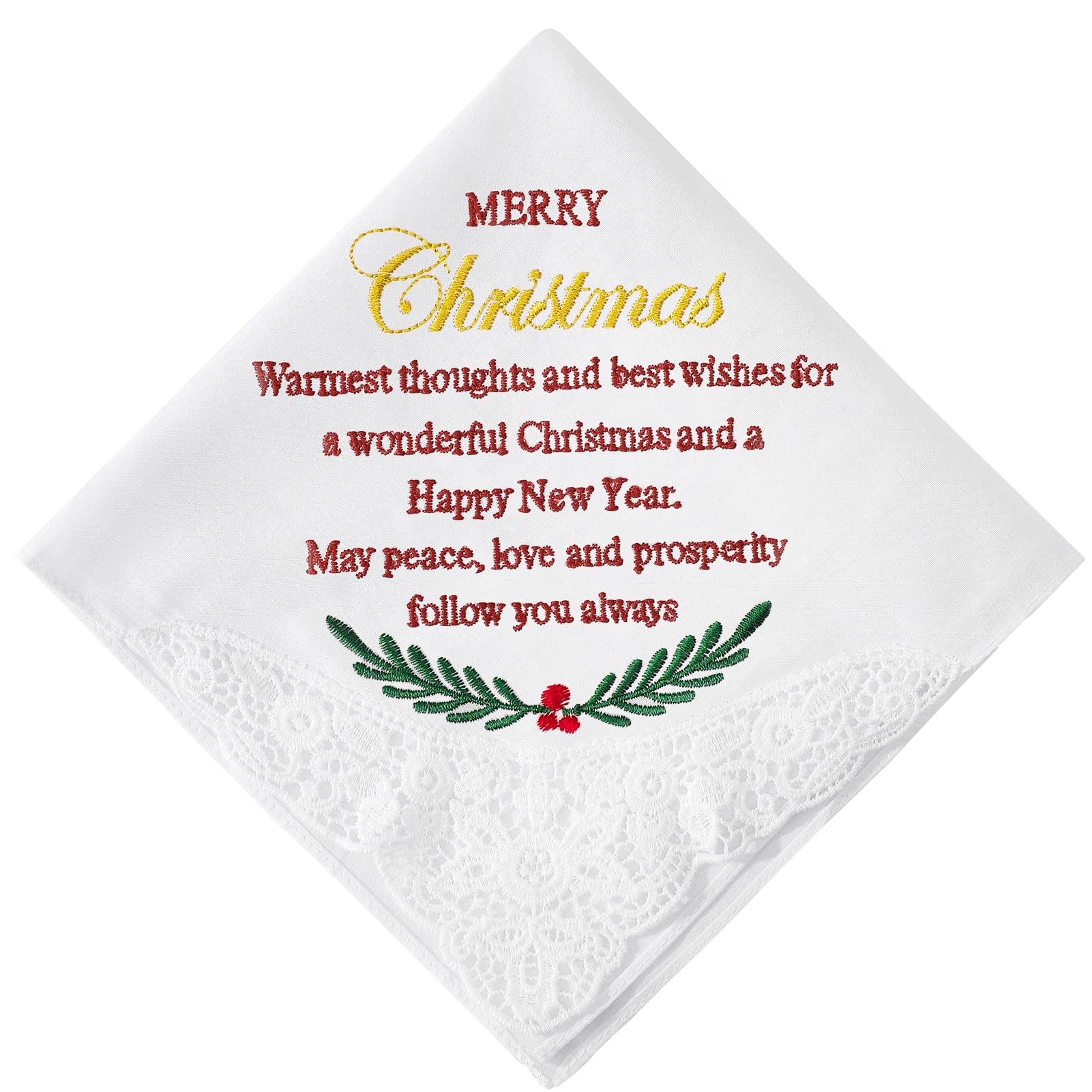 HOULIFE Christmas Handkerchiefs, Soft Cotton Mens Women Christmas Handkerchief White Embroidered Hankies Christmas Gift (Women)