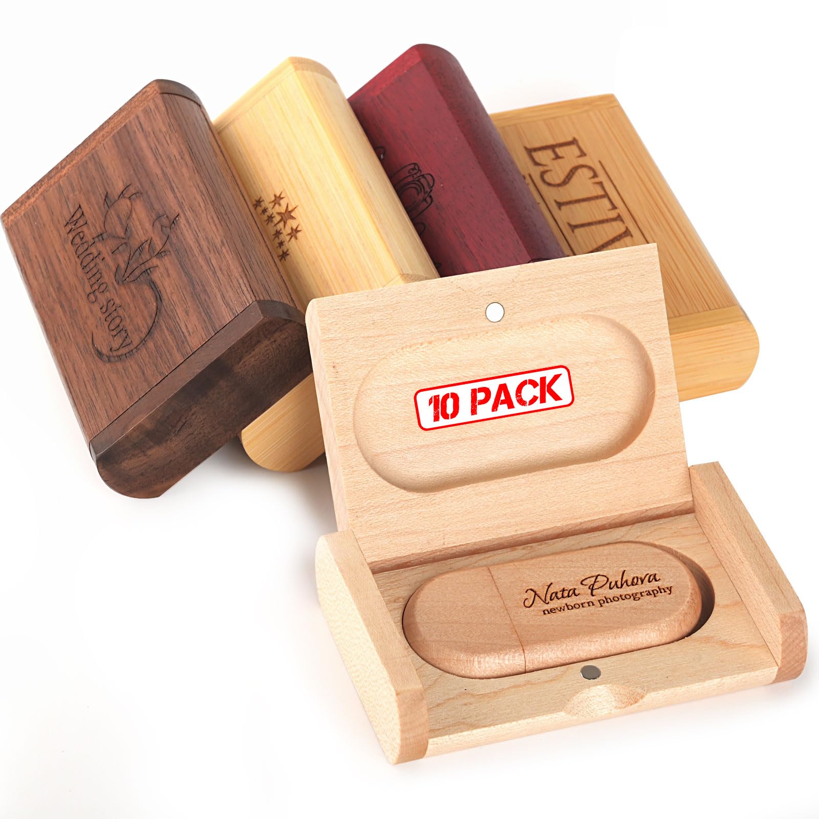 10Pack Personalized Wooden/Bamboo USB 3.0 Flash Drive 16GB - Handmade Custom Engraved Memory Stick for Wedding, Corporate Gifts, Promotions, Events (