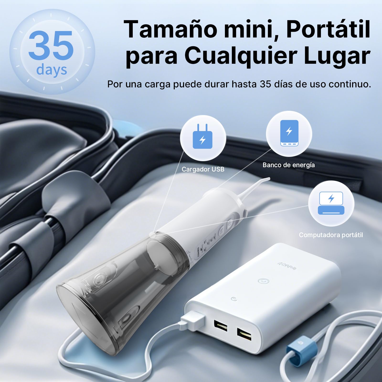 TUREWELL Irrigador Bucal Portatil de 310 ML con 5 Modos, 4 Boquillas, Irrigador Dental Recargable IPX7 Impermeable al Agua para el Hogar y Los Viajes, Mejora la Salud Dental