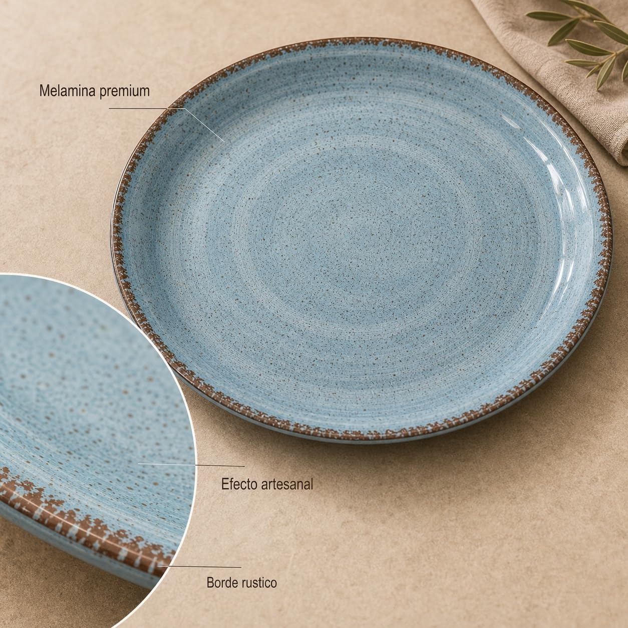 Pack 2 Platos Llanos Melamina 28 cm Azul Piedra | Efecto Cerámica Artesanal Rústica | Vajilla Ceracor Estilo Restaurante Resistente a Roturas, Apta Lavavajillas
