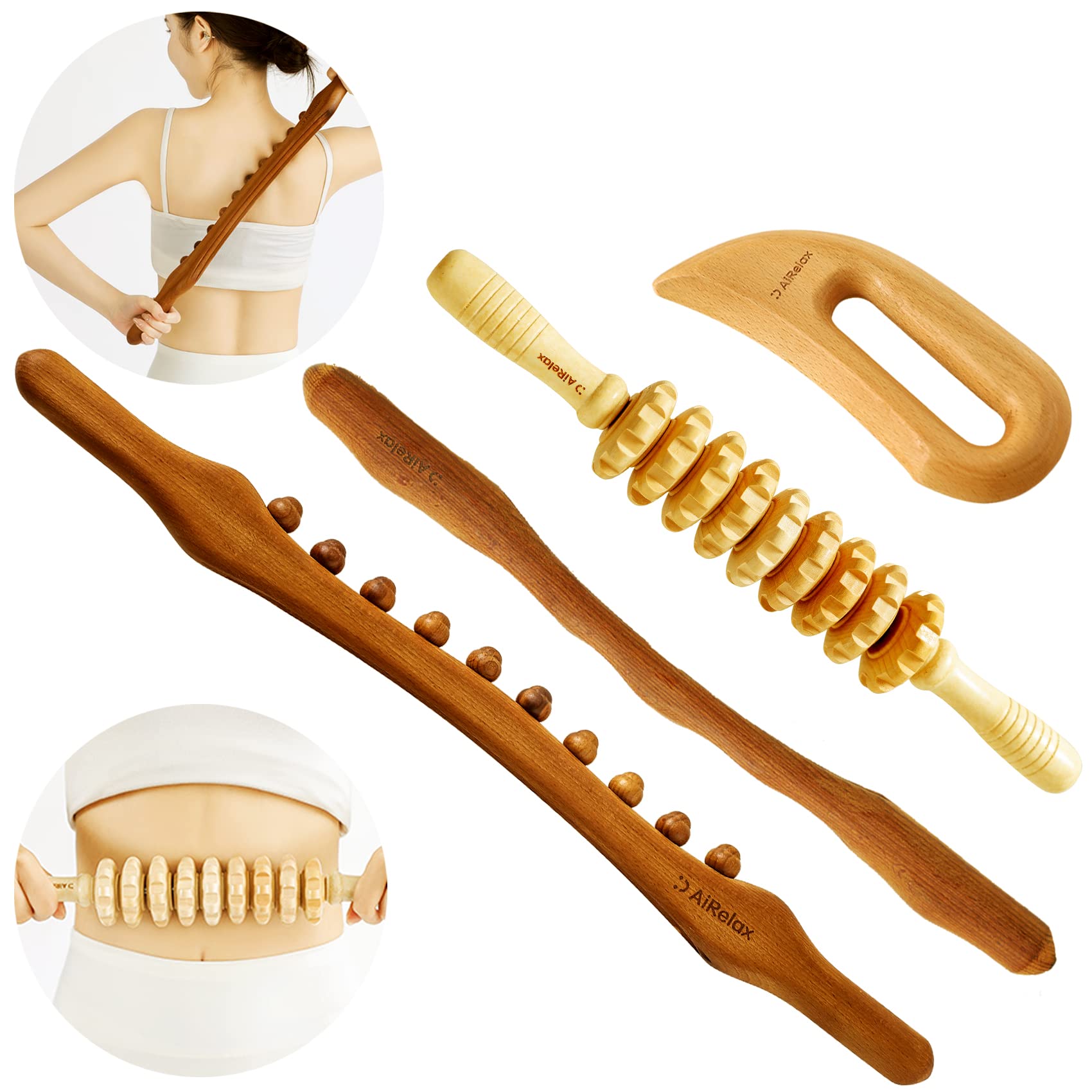 Photo 1 of AiRelax Gua Sha Massage Roller Stick,Wood Therapy Massage Tools for Body Shaping,Wooden Lymphatic Drainage Massager for Guasha,Maderoterapia Kit,Body Sculpting Massager,Cellulite Remover(4Pcs)