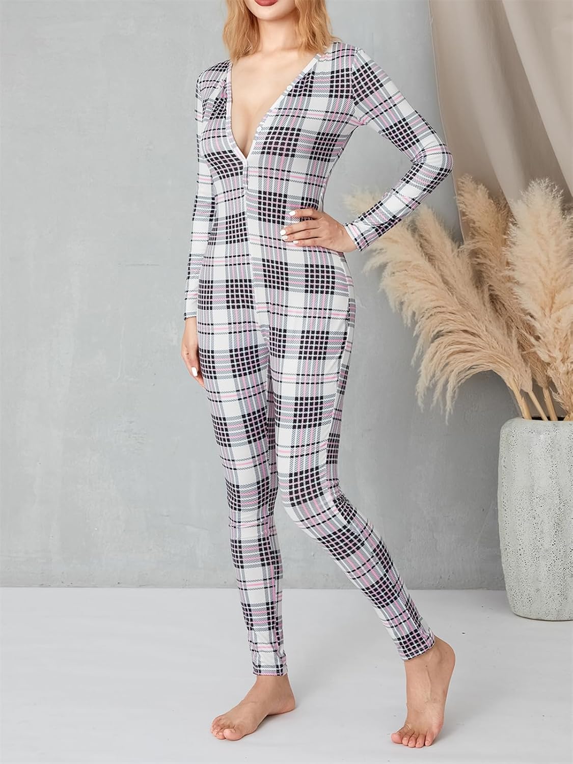 Women Sexy Bodycon Onesie Pajama Heart Print Long Sleeve Button V Neck Jumpsuit One Piece Romper Valentines Sleepwear - Image 3