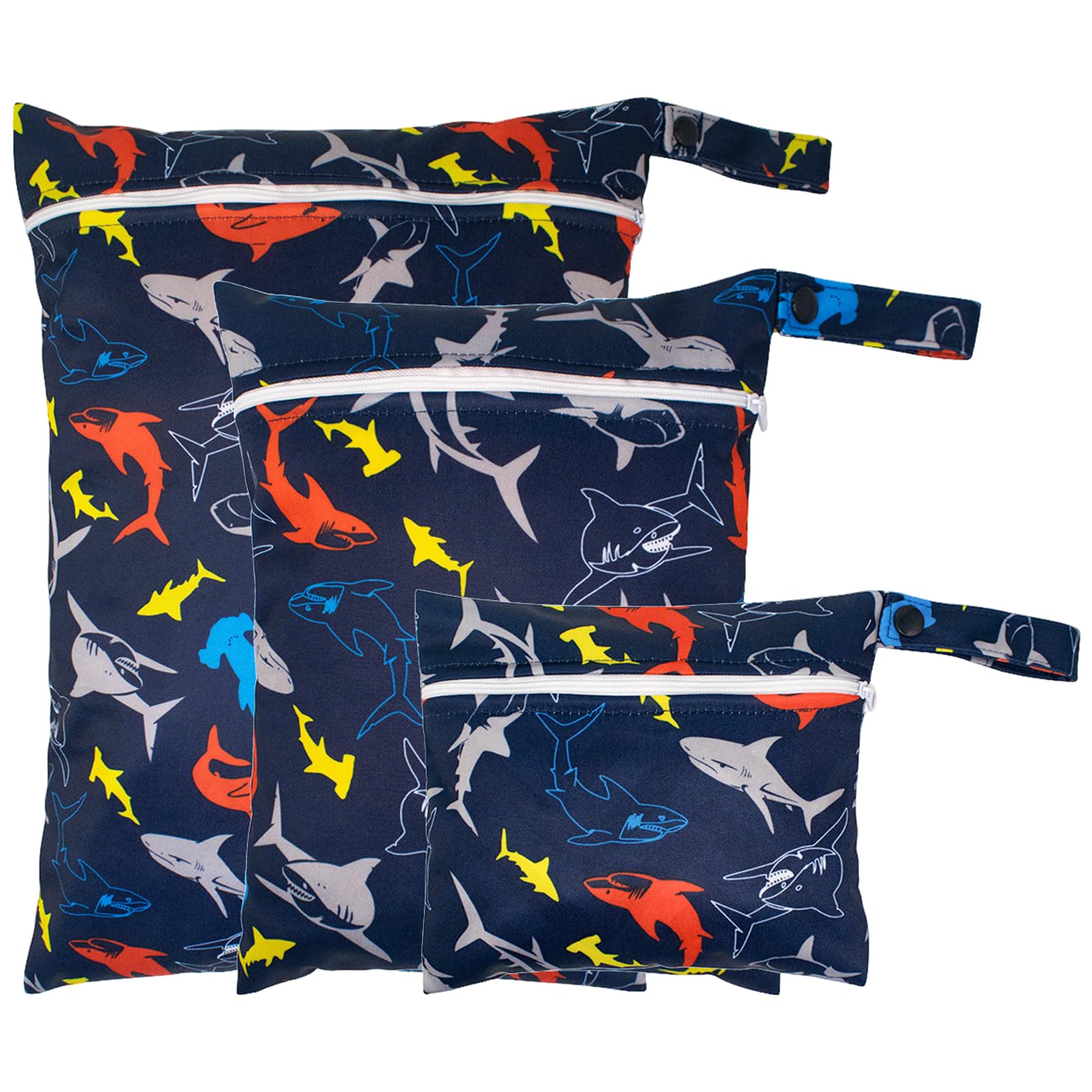 3 PCS Dinosaur Pattern Nappy Bags,Reusable Nappy Bag Organiser Baby Items, Travel Laundry Bag, Wet Bag for Swimming, Waterproof Wet Dry Bags for Travel, Beach, Camping, Swimming, Gym (Shark)