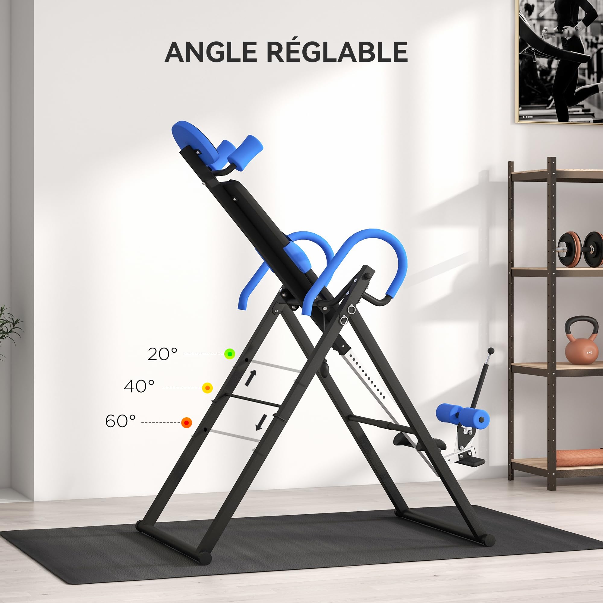 HOMCOM Table d'inversion de Musculation Pliable Ceinture de sécurité réglable Angle inversé Ajustable 3 Niveaux Acier Bleu Noir