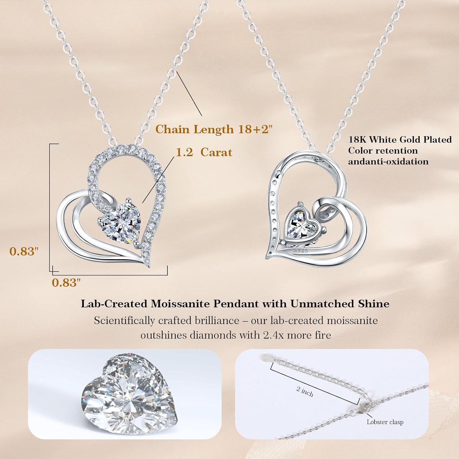 Double Birthstone Heart Necklace 0.8CT Dual-Gemstone S925 Sterling Silver Plated White Gold Engraved I Love You Perfect Anniversary/Valentine's Day Gift for Wife/Girlfriend/Mom/Daughter - Image 3