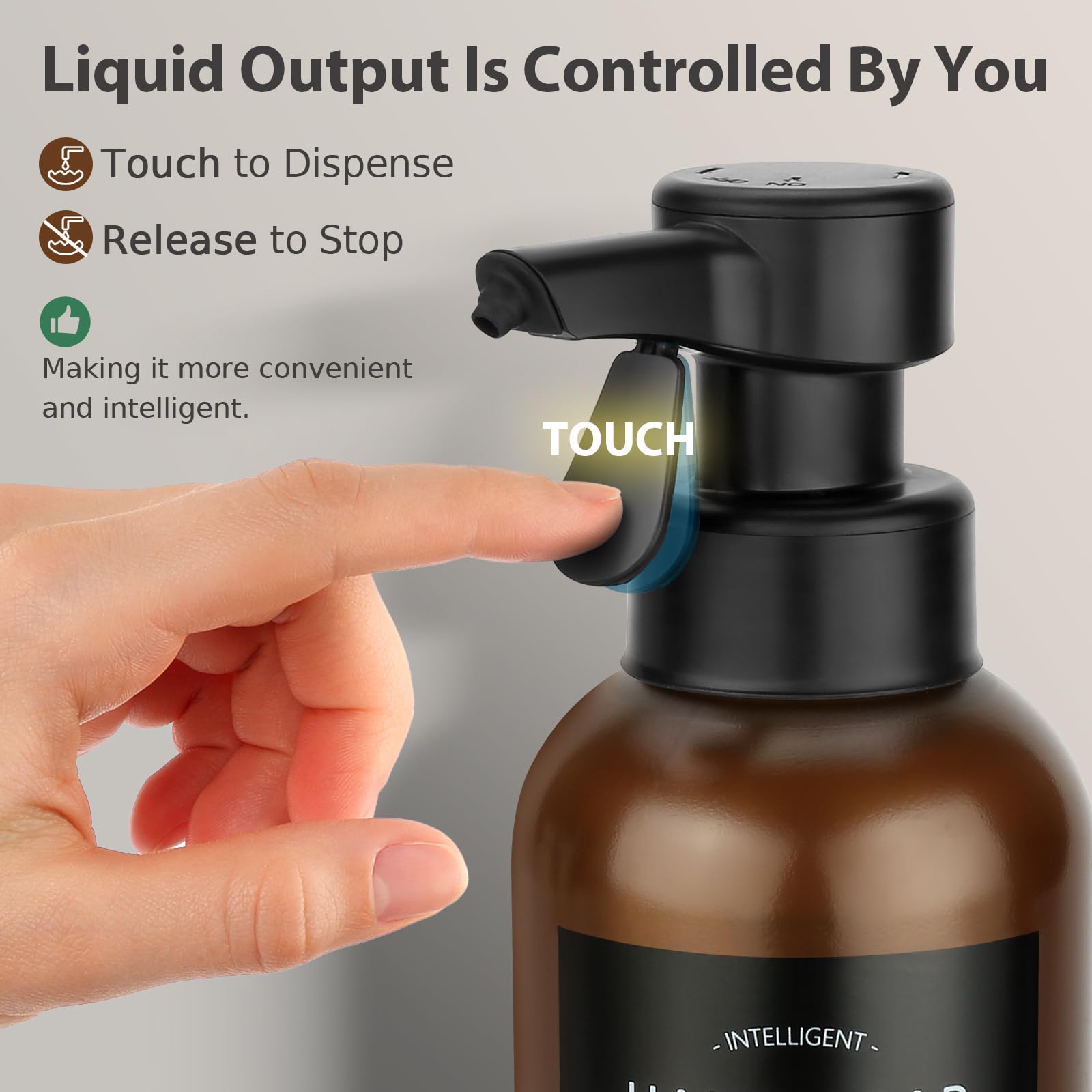 Automatic Soap Dispenser Liquid for Bathroom: 16 OZ Touch Dispense Plastic Amber Modern Auto Large Soap Dispenser for Kitchen - Hand Dish Lotion Countertop Couple Kids Home - Waterproof Labels