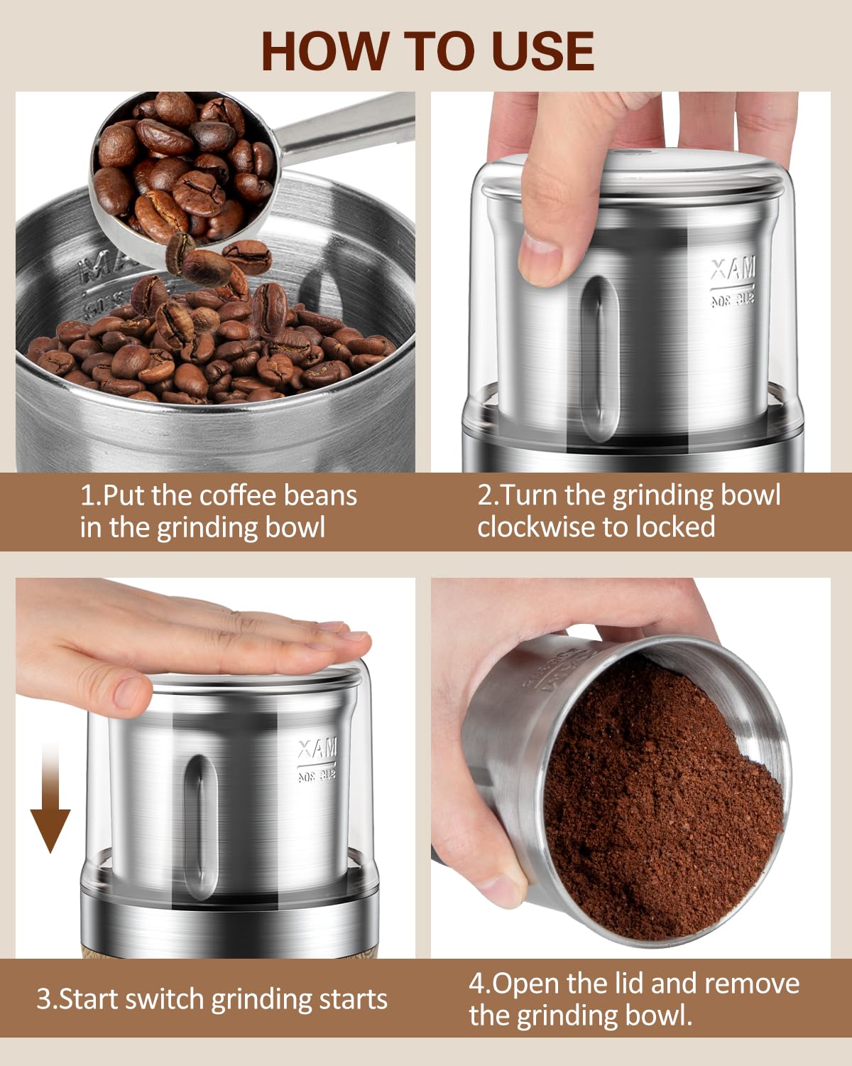 COOL KNIGHT Macina Caffe' Elettrico, Macinacaffè Elettrico Con Cucchiaino Per Caffè E 1 Tazza Di Macinatura In Acciaio Inossidabile. Capacità Di 100g, Adatto Per Spezie, Chicchi Di Caffè, Noci, Ecc.