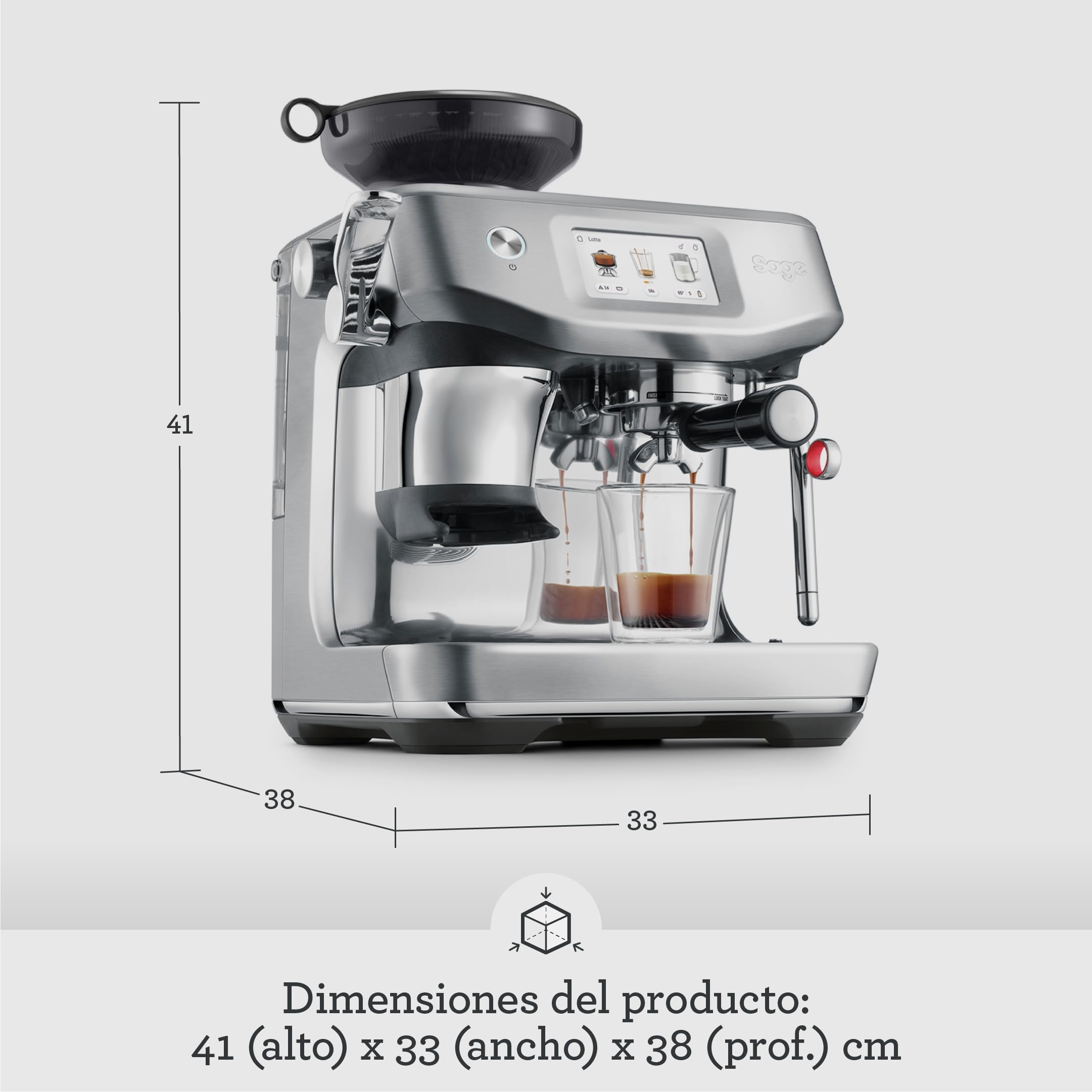 Sage - The Barista Touch Impress - Cafetera Barista con Molinillo Integrado para Café en Grano - Pantalla Táctil Interactiva y Espumador de Leche Automático - Acero Inoxidable Cepillado