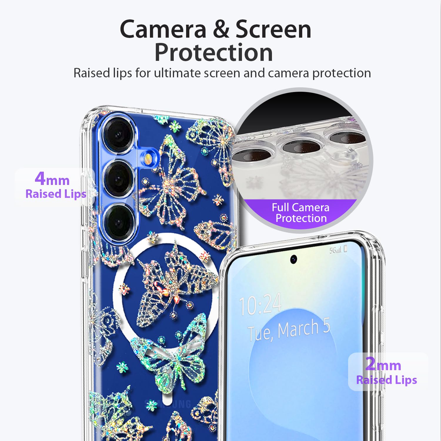 Funda magnética para Samsung Galaxy S25 Plus, compatible con MagSafe, bonita para mujeres y niñas, funda protectora de grado militar de 10 pies para Galaxy S25 Plus, funda con purpurina,