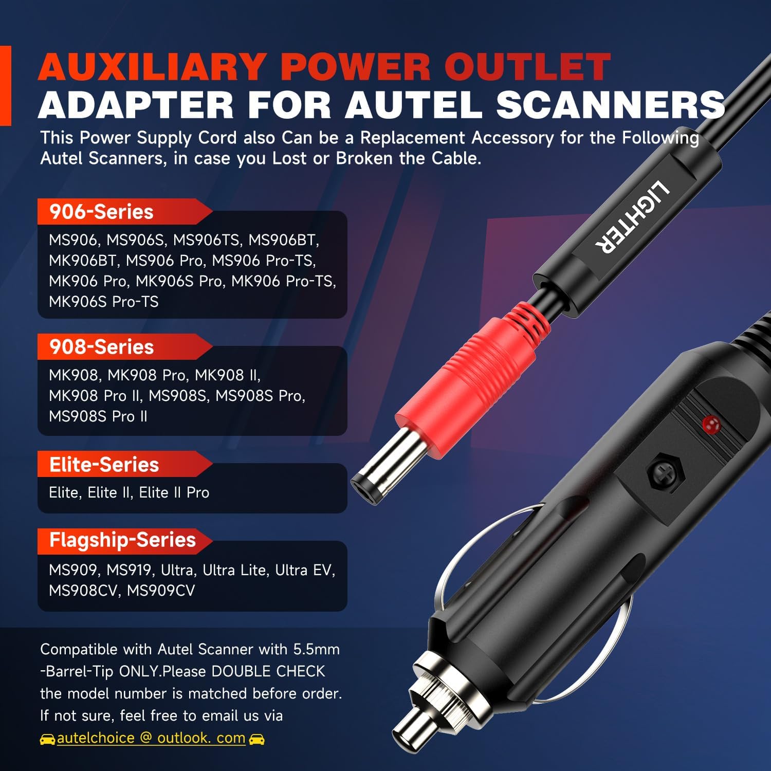 Autel Original 12V DC Car Charger Auto Power Supply Cable, DC 5.5mm x 2.5mm to Car Cigarette Lighter Male Plug Extension Charging Cable w/Fuse Scanner, Camera, CCTV Car Refrigerator (4.9FT)