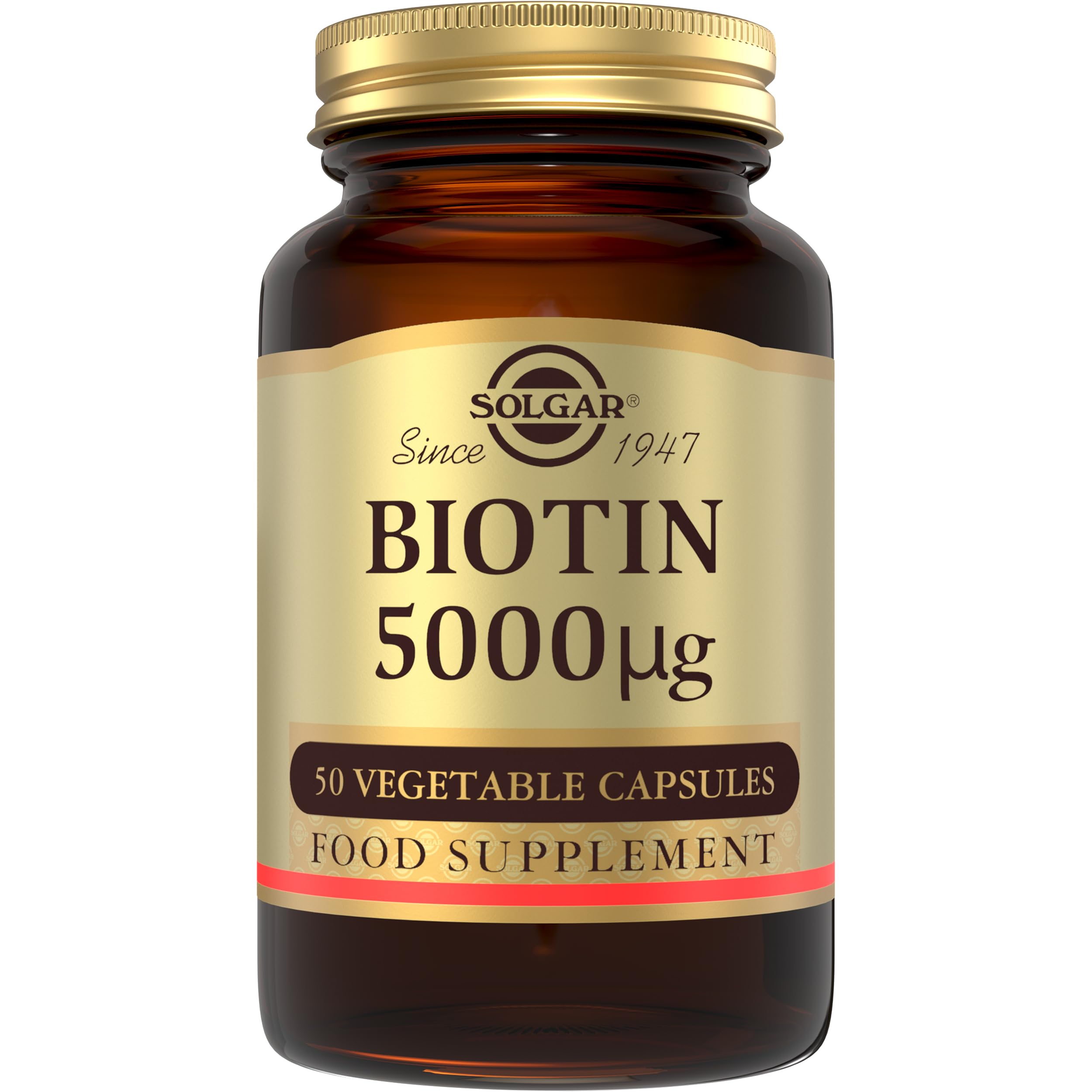 Solgar Biotin 5000 mcg Vegetable Capsules - High Strength Formula - Supports Hair Growth, Glowing Skin, Energy & Vitality - Health Supplement - Sugar Free - Suitable for Vegans - Pack of 50