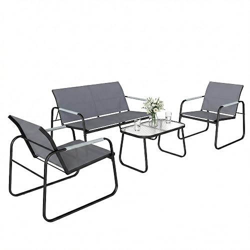Outsunny Salon de Jardin 4 Pièces Accoudoirs Corde Tressée Gris