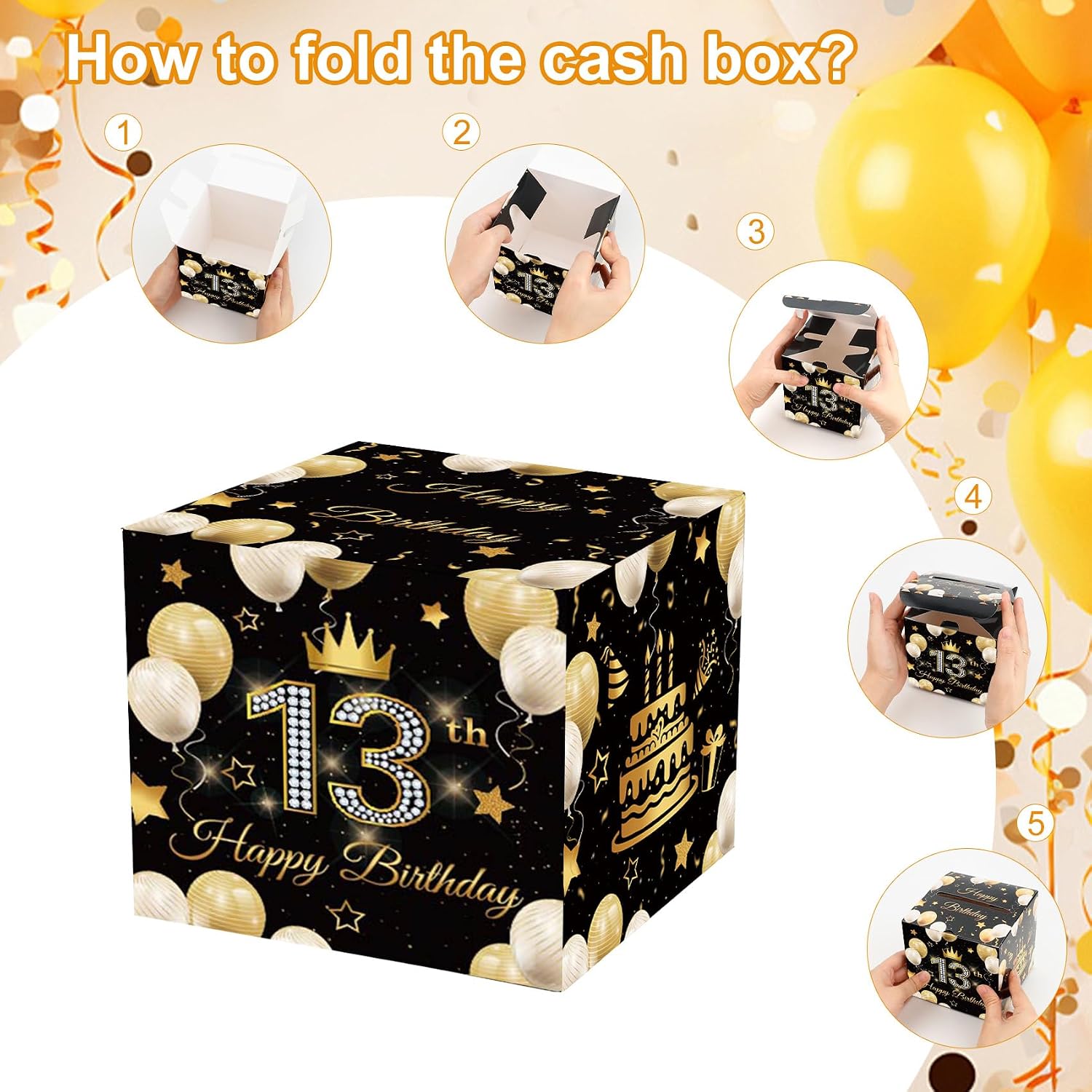 13th Birthday Money Pull Box for Cash Gift Surprise Gift Box, Black Gold 13th Birthday Decorations for Boys and Girls, Money Surprise Boxes for Cash Party Decorations image 5
