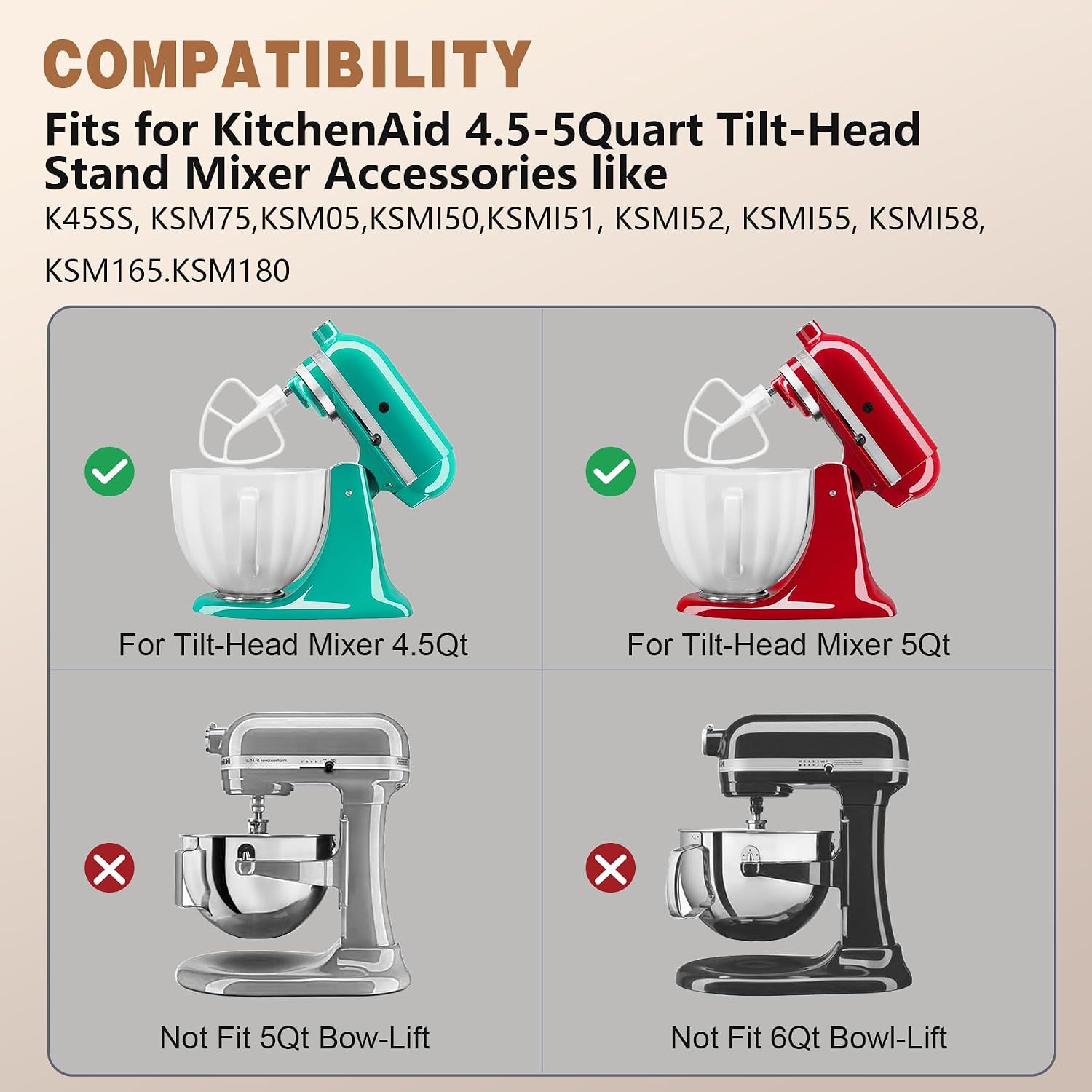 Paddle Attachment for KitchenAid Mixer 4.5-5 Qt Tilt-Head, Premium Coated Flat Beater Replacement for Cake Batter & Cookie Dough, Dishwasher Safe Mixer Accessories