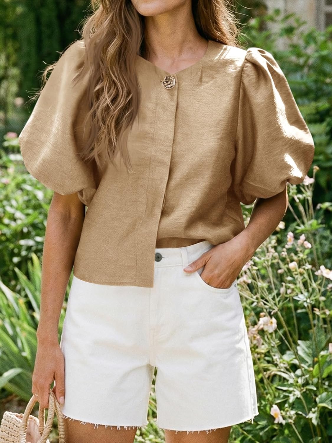 Cicy Bell Womens Silk Satin Button Down Shirts Summer Puff Short Sleeve Crew Neck Crop Tops Loose Fit Casual Dressy Blouse