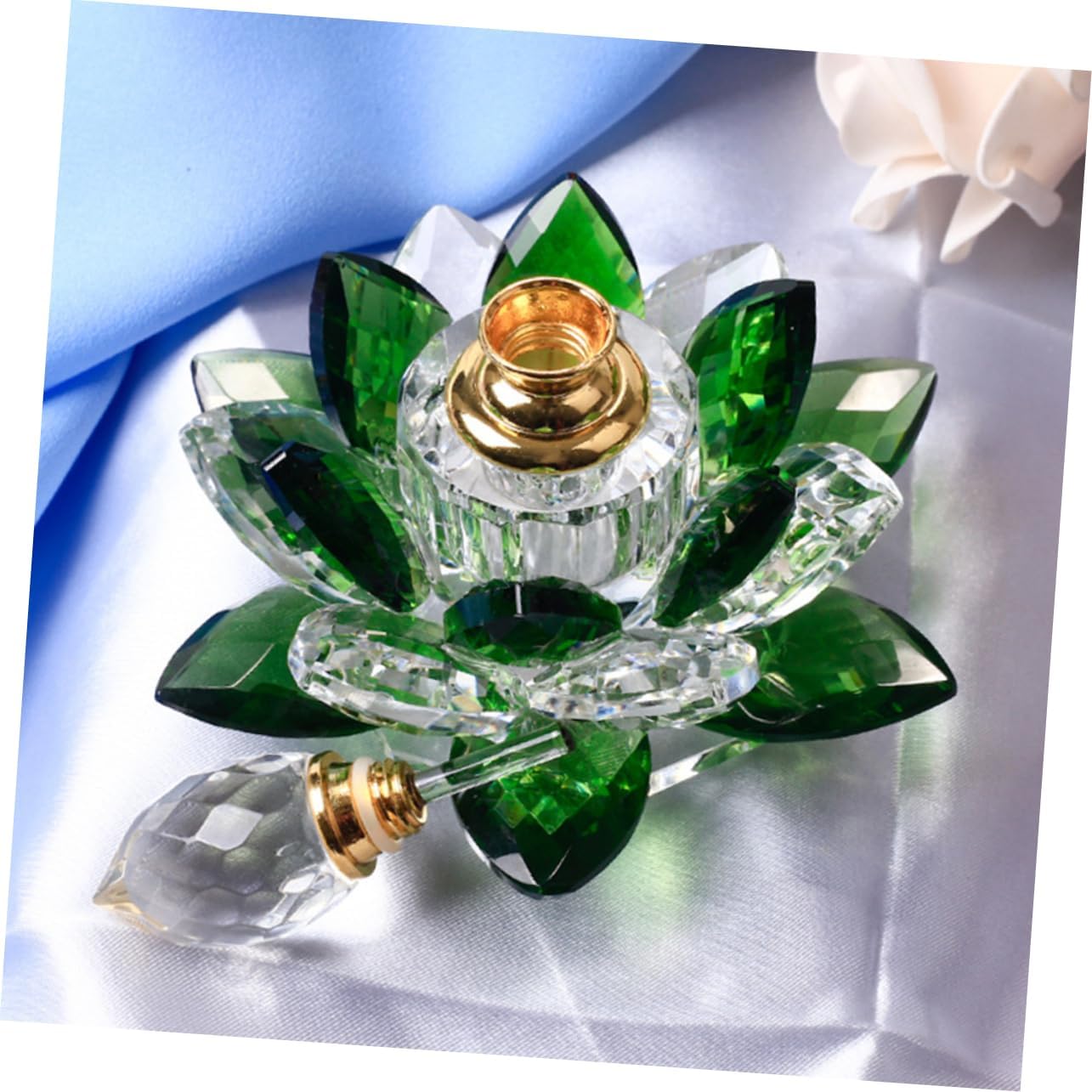 Elegant Lotus Shaped Crystal Glass Perfume Bottle Green Decorative Empty Container for Travel Essential Oils and Cosmetics Storage