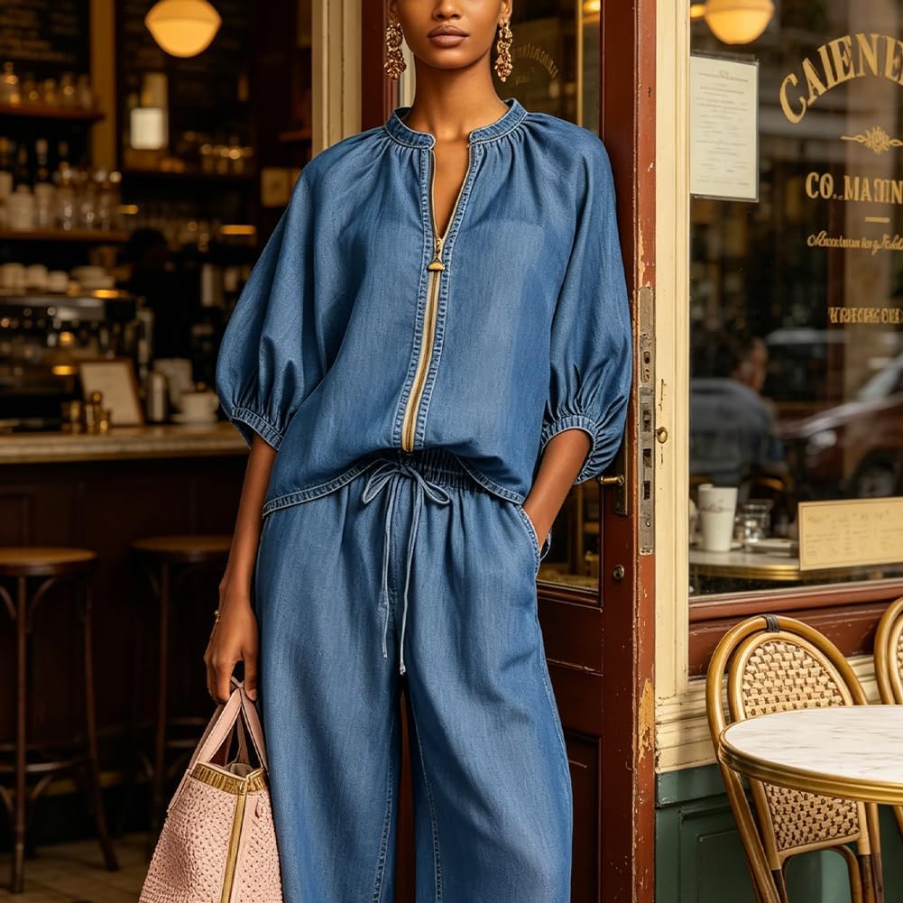 Generisch Elegante set da donna in due pezzi semplice e comodo per la primavera, top con cerniera frontale e pantaloni a gamba larga, abbigliamento sportivo estivo casual e semplice