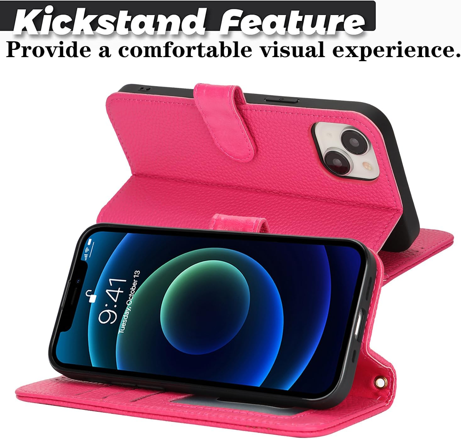 Zouzt Leather Wallet Case for iPhone 13 Mini, 4 Card Slot, Rose Red image 5