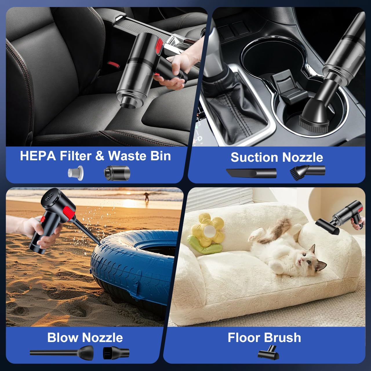 Car Vacuum Portable Cordless 4000PA High Power Mini Vacuum Cleaner 4-in-1 Compressed Air Duster & Air Blower & Pump Hand Held Vacuum with Brushless Motor for Car, Home, Office, Pet