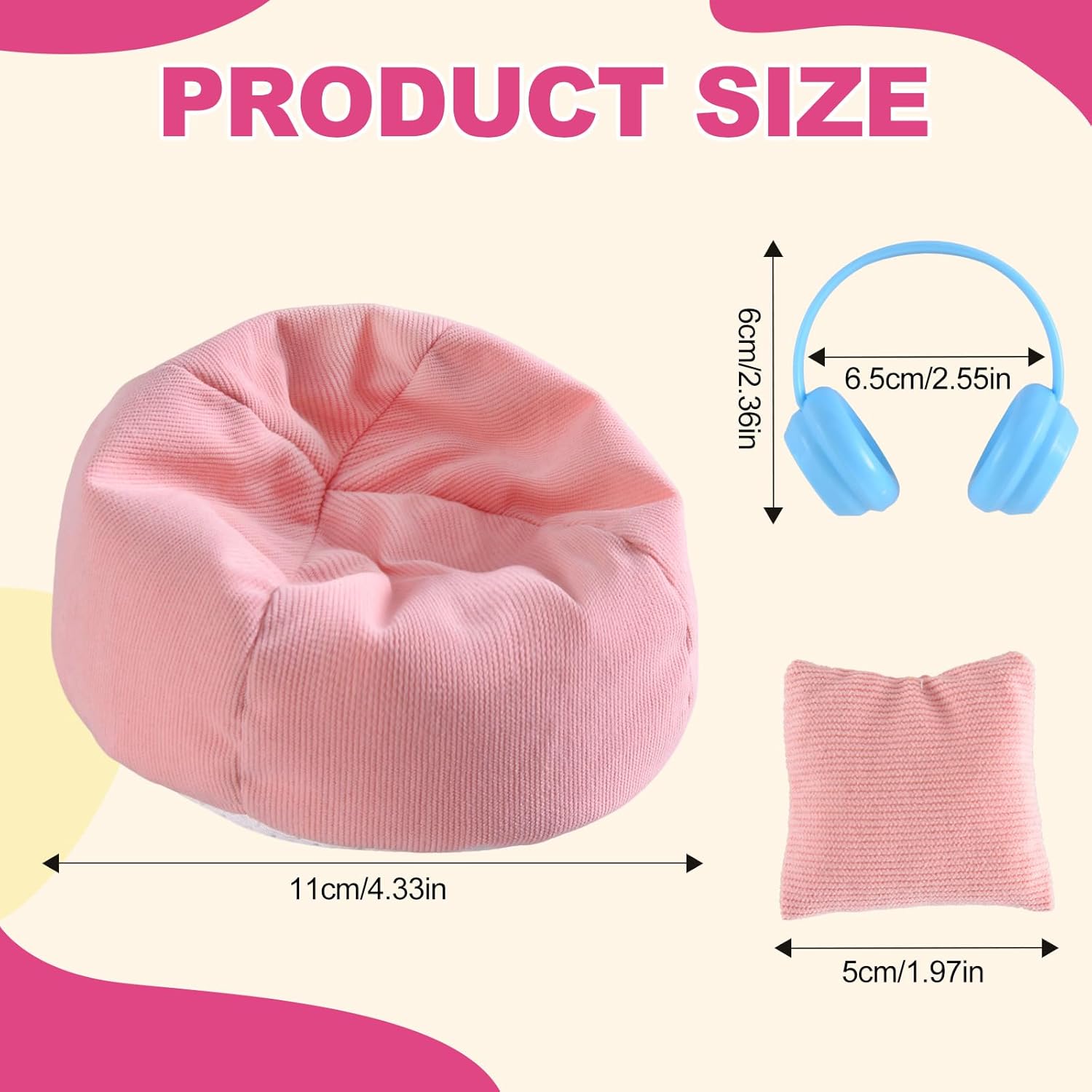 Doll Car Seat for LABUBU, Handmade Bean Bag Sofa with Blue Earphone, Anti-Slip Bottom，Cute Dispaly Accessories for 5.9-6.7in Dolls(Pink)