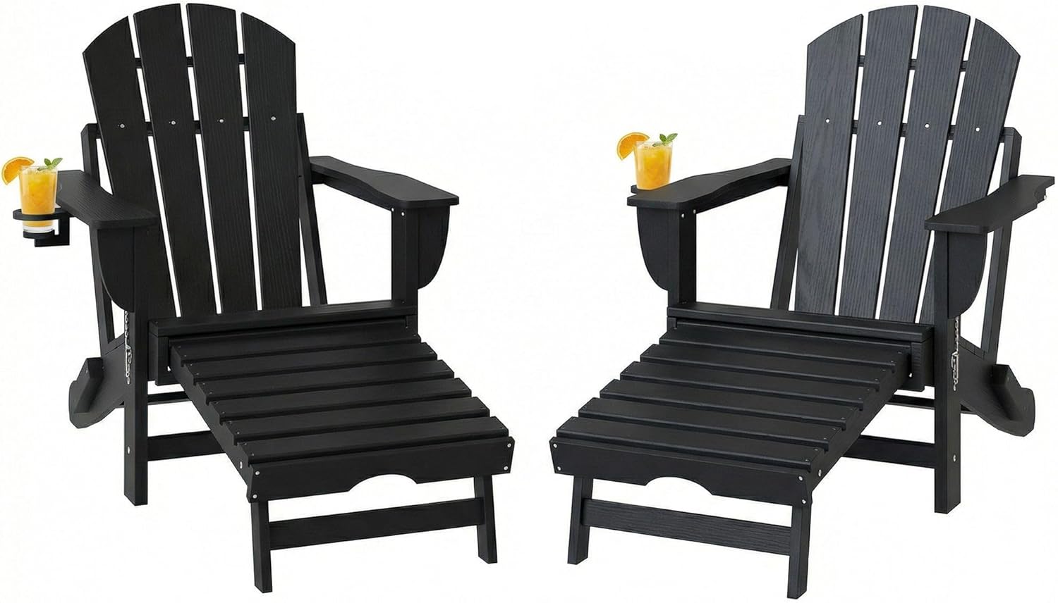 Folding Adirondack Chair Set of 2: HDPE Fire Pit Chairs with Retractable Ottoman, Cup Holder & Wood Grain Finish, Black