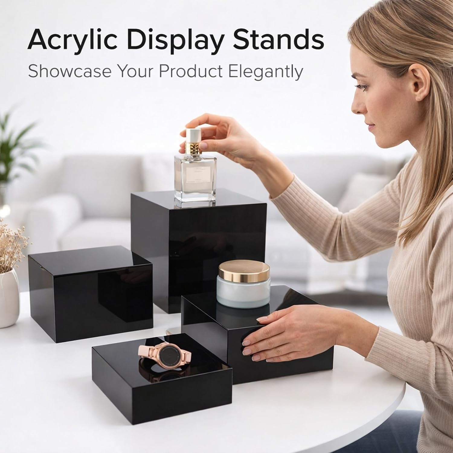 3Pcs Acrylic Risers Display Stands Cubic Nesting for Dessert Table Buffet Tables Food (Black)