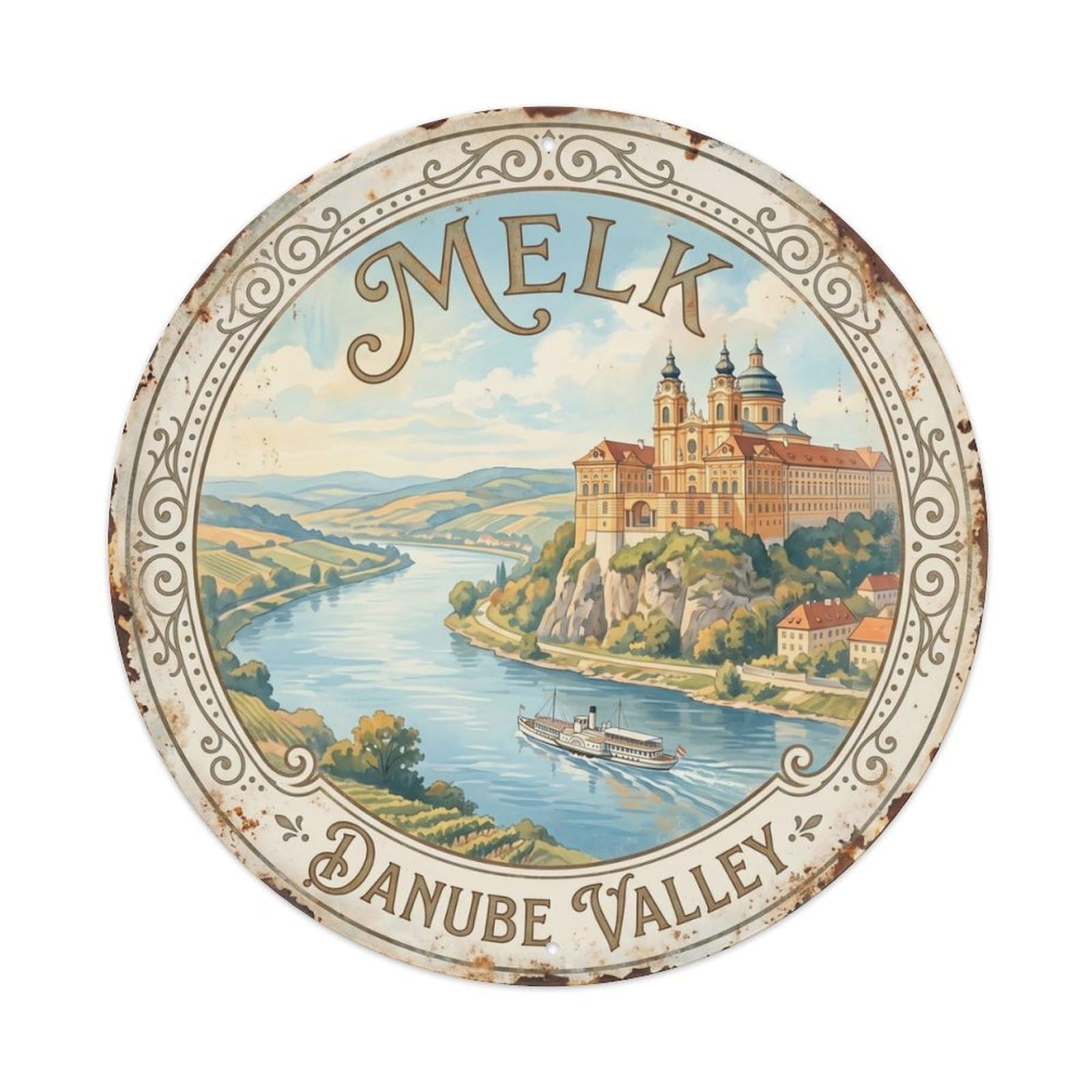 Vintage Travel Melk Austria Danube Metal Tin Sign Plaque Wall Decor for Cafe, Club, Garden Round Metal Poster 8x8Inch