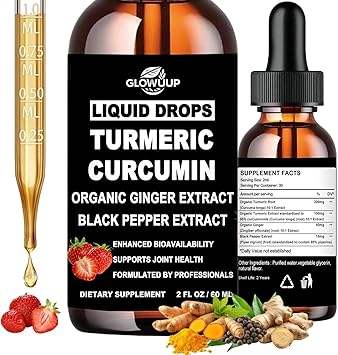 Turmeric Curcumin Liquid Drops, Organic Turmeric and Ginger Supplement, Ultra Potent Turmeric Root with 95% Curcuminoids & BioPerine for Joint Health, Fast Absorption Liquid Turmeric Than PowderVegan