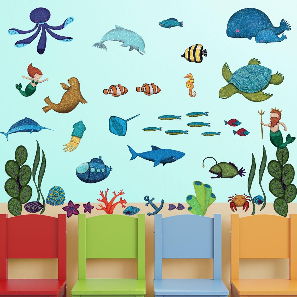My Wonderful Walls Ocean Scene Wall Decals 44 Peel & Stick Under the Sea Wall Decals for Ocean Themed Nursery and Under the Sea Birthday Party