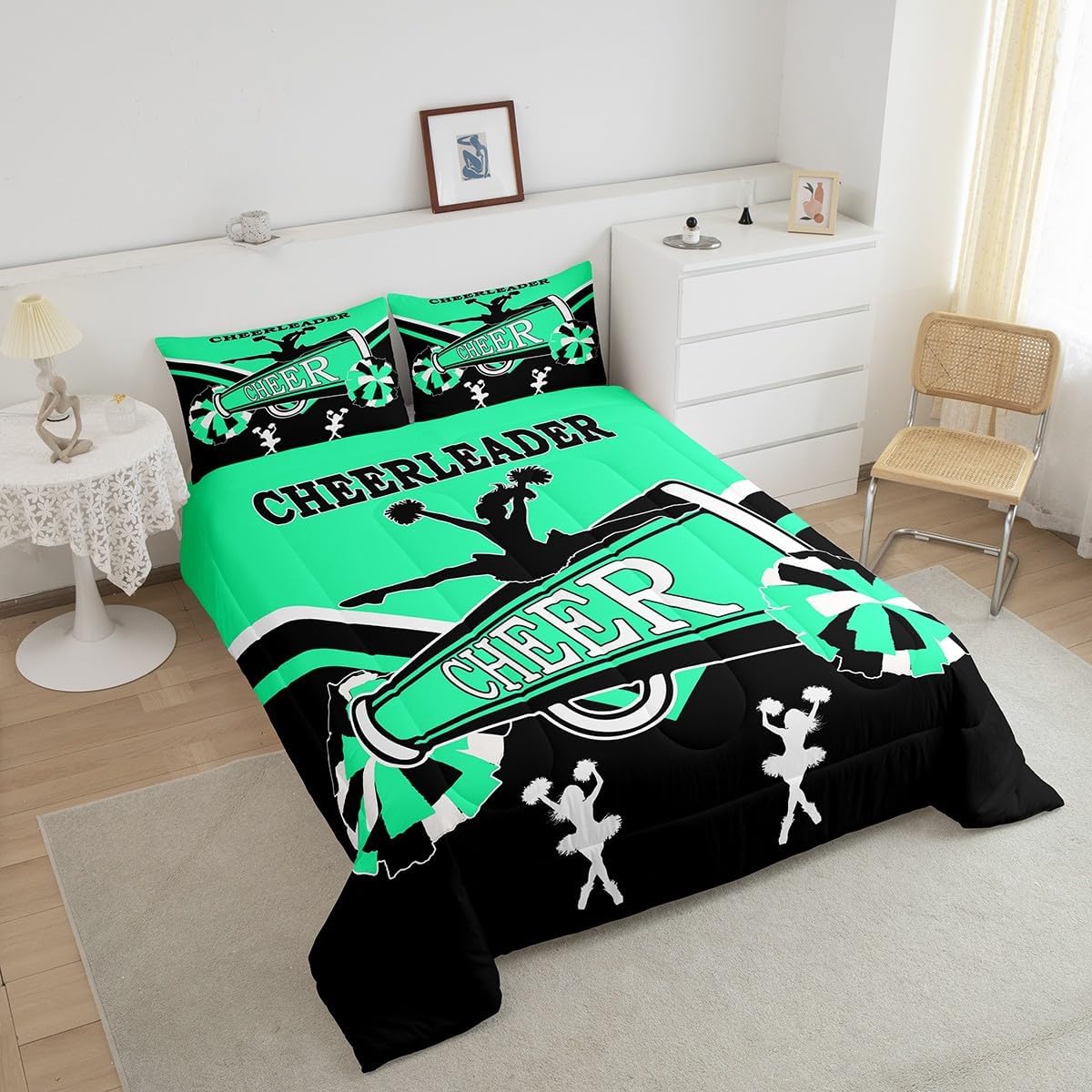 Cheerleading Queen Comforter Set Dance Princess Bedding Set Queen for Girls, Kawaii Cheerleader Bedding Comforter Sets Black Spring Green Duvet Set, Cheerleading Pompoms Print Quilted Comforter