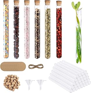 Glass Test Tubes with Cork Stoppers, 50 Pcs 15 × 150mm Borosilicate Glass 15ml Test Tubes with 40 Pcs Kraft Paper Tags 10m Hemp Rope 2 Pcs Funnels, Test Tubes for Scientific Experiments Liquid