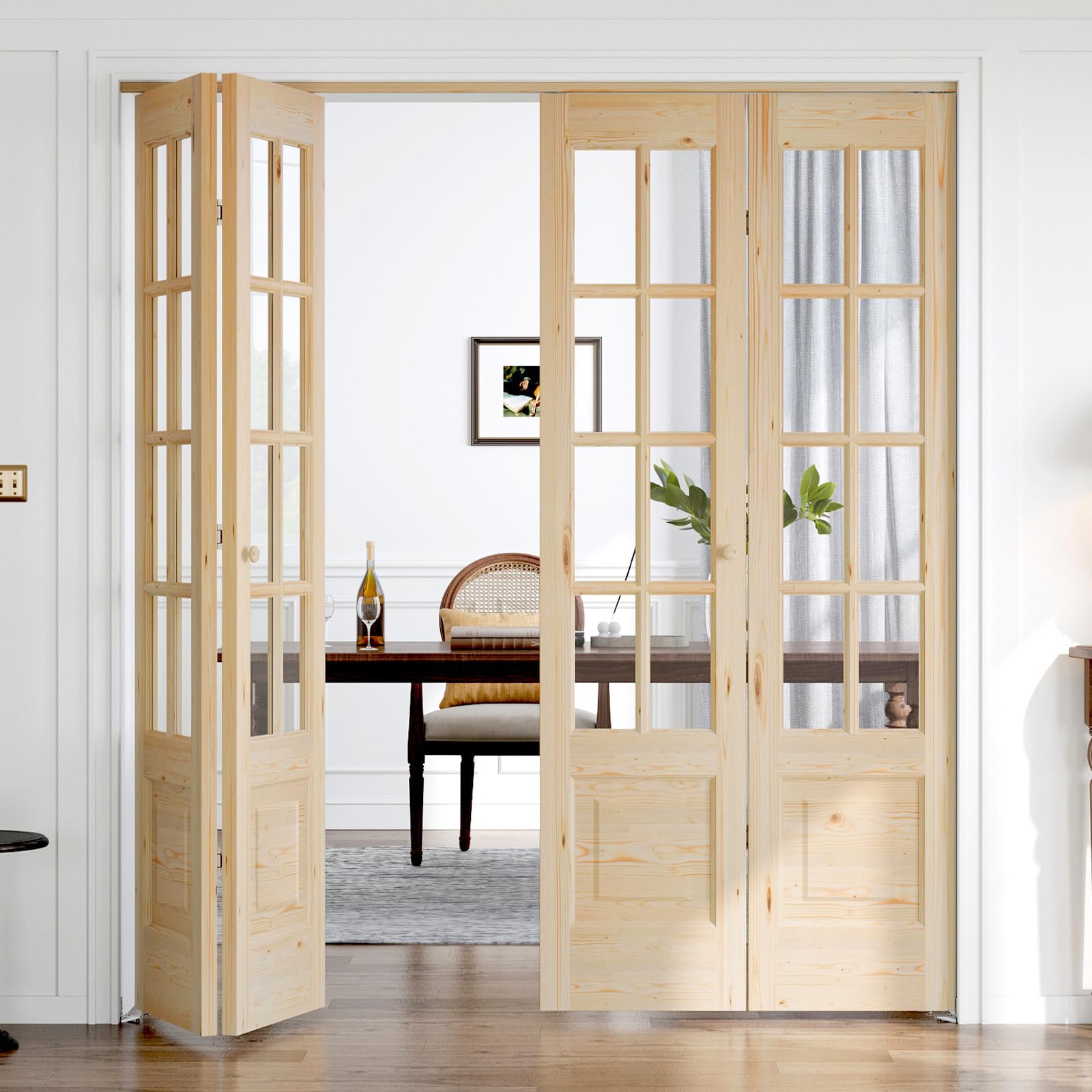 Bifold Doors for 72"×80" Opening, Clear Glass French Interior Folding Barn Door with Concealed Hardware Kit Included, Spruce Wood Support DIY Dyeing, Preassembled Door, Save Space