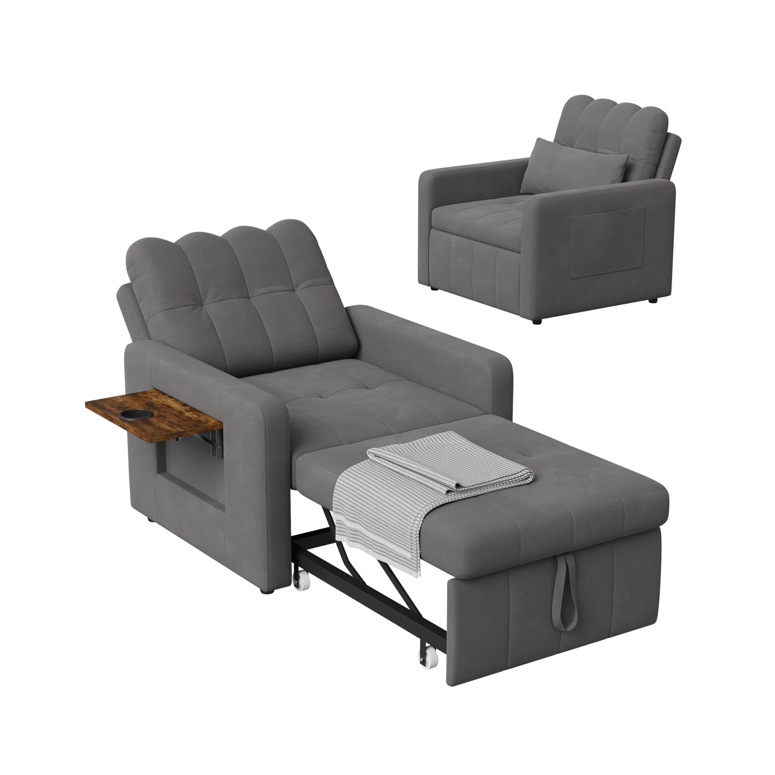 Schlafsessel 3 in 1,schlafsessel mit bettfunktion Ausziehbares Schlafsofa Schlaferstuhl mit Verstellbarer Rückenlehne Sessel mit Schlaffunktion GäStebett Klappbar mit Seitentasche (Grau)