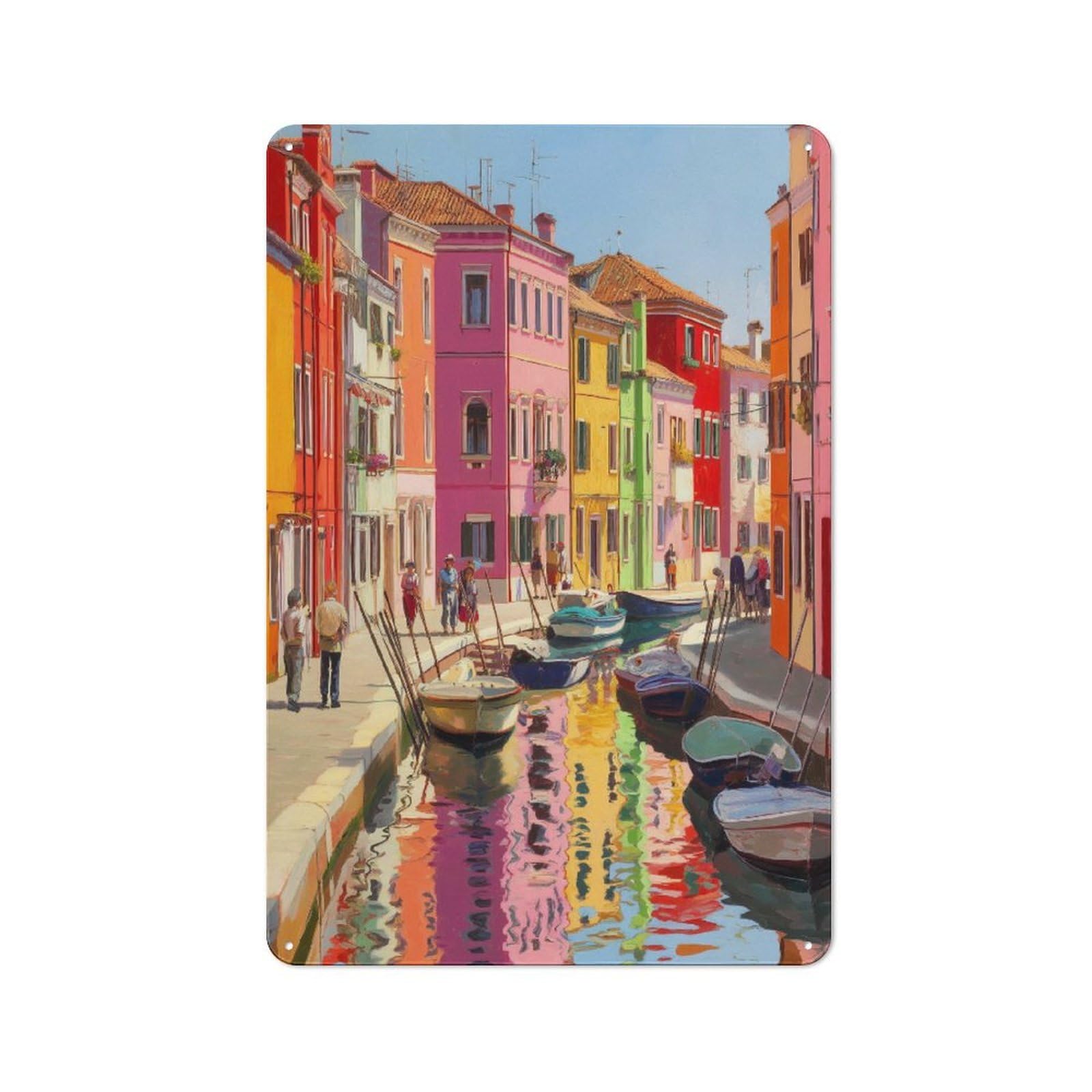 Junmoney Vibrant Canal Scene -1 Printed Metal Sign 30X20cm For Pub Or Café, With Clear Industrial Wall Decor Character