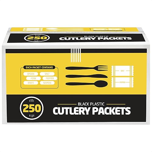 250 paquetes de cubiertos de plástico Juego de cubiertos de cuchillo tenedor cuchara, servilletas de sal y pimienta Juegos de cubiertos de