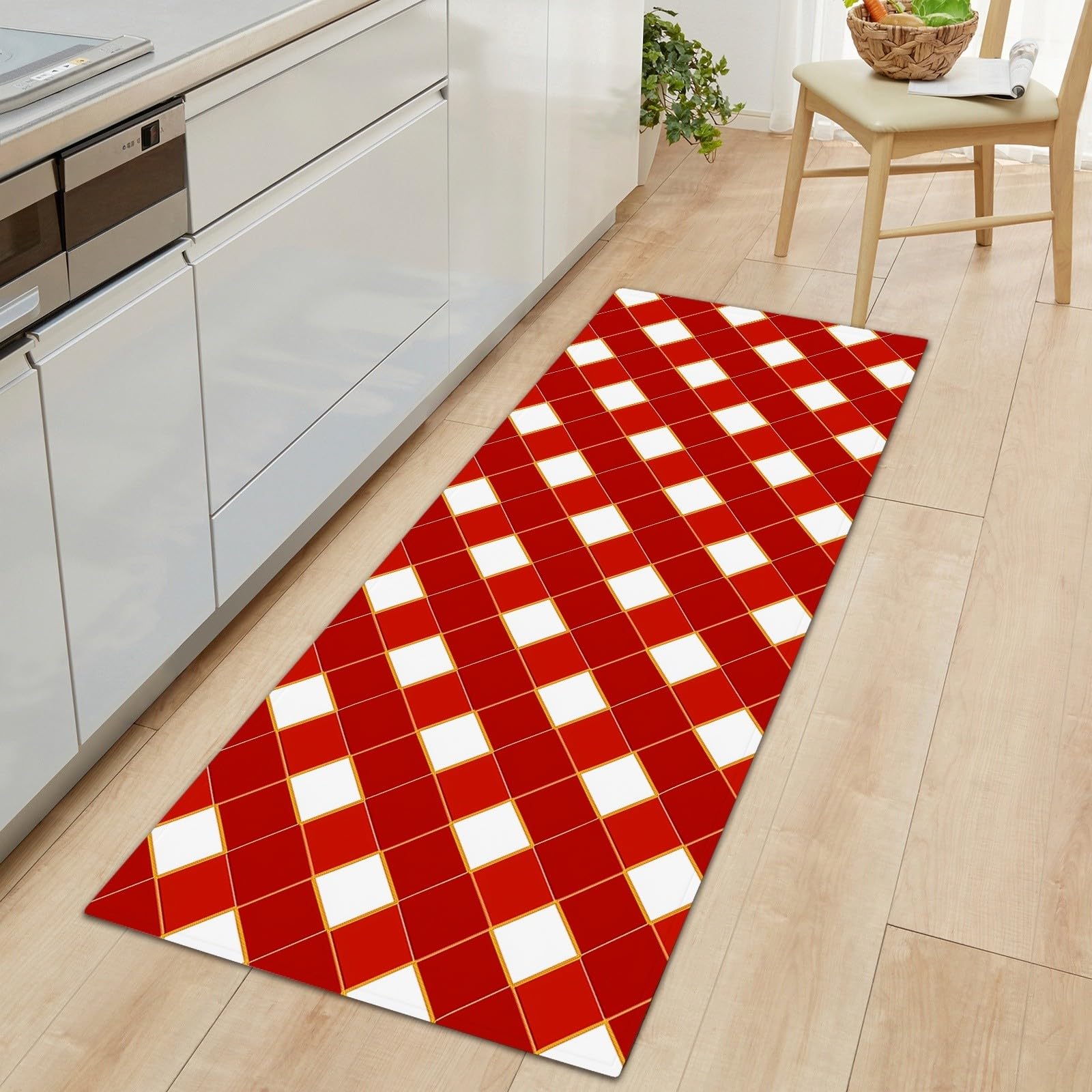 Generico Passatoia Ingresso Rombi Rossi e Bianchi, Tappeto Lungo Corridoio 60 x 120 cm - Tappeto Lavabile Tema Natalizio Antiscivolo per Camera da Letto Cucina Ingresso