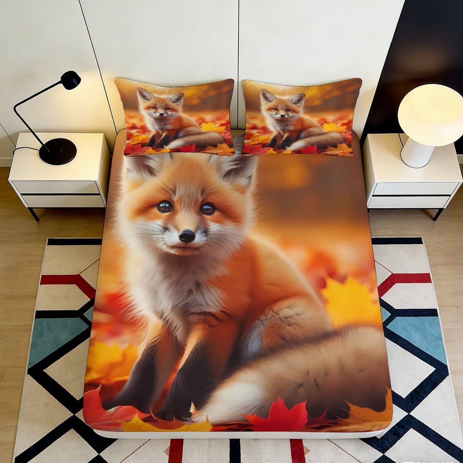 3D Printed Autumn Fox Fitted Sheet Microfiber Orange Leaves Bed Cover for Bedroom Guest Room Easy Care 90x200x25cm