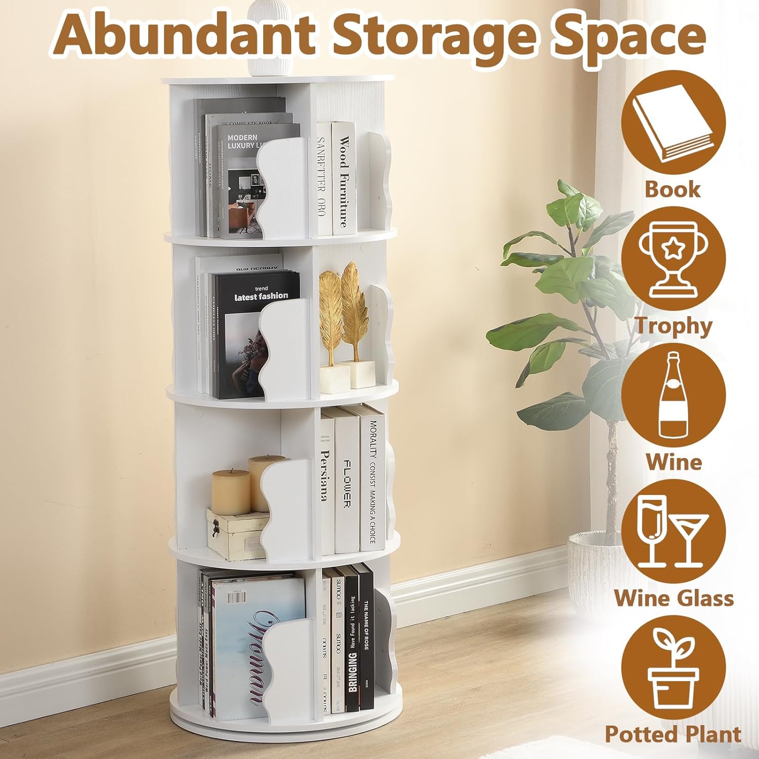 White Rotating Bookshelf Tower, 360° Revolving Bookcase, Round Bookshelf Lazy Susan, 4 Tier Spinning Book Shelf Storage Organizer for Kids Rooms Bedroom Living Room Office, Open Bookshelves, Wooden