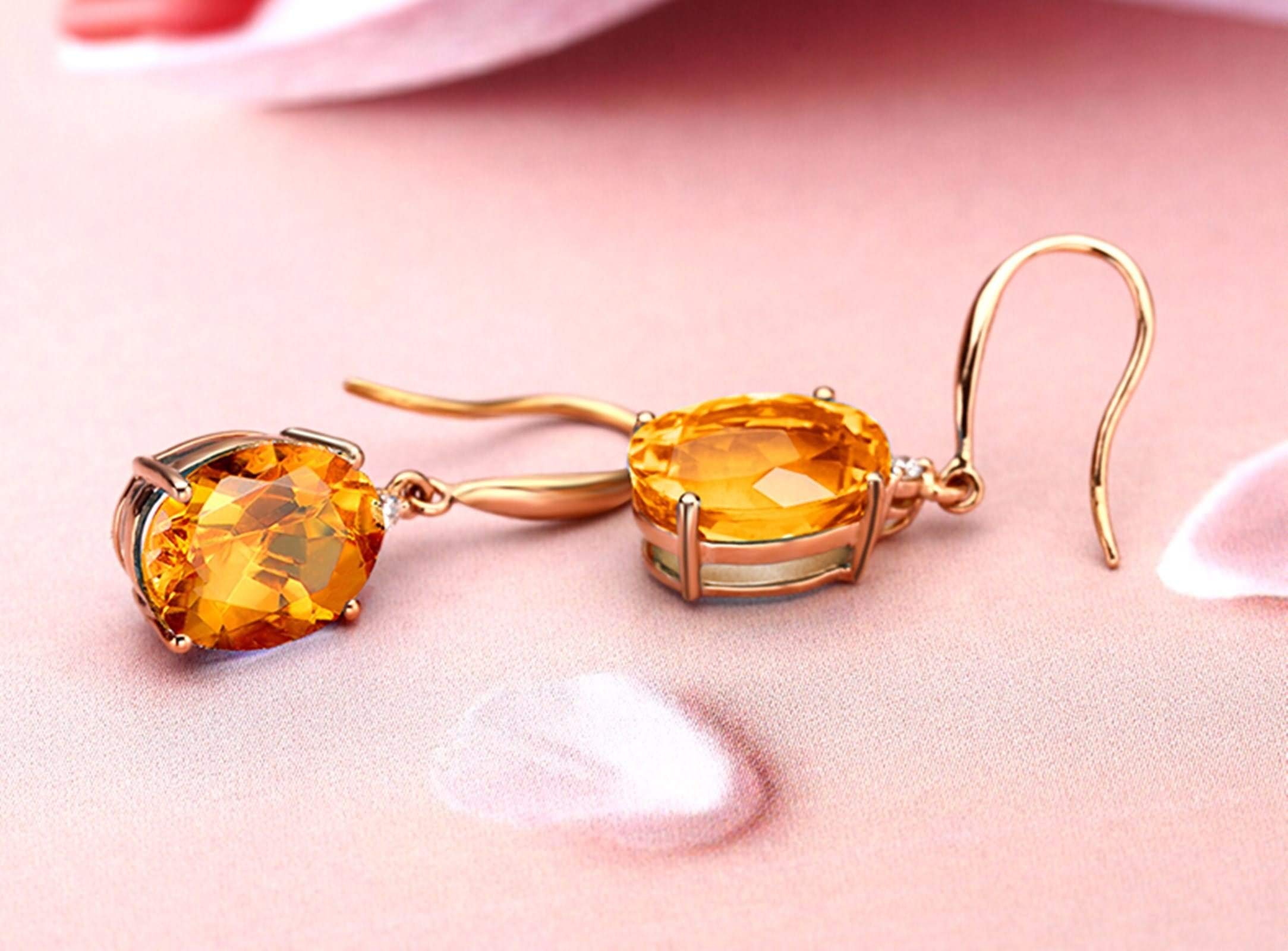 KnSam Echter Goldschmuck Damen Ohrringe aus 18K Rosegold, Oval Form mit 8ct Citrin Ohrschmuck Abendschmuck Damenohrringe
