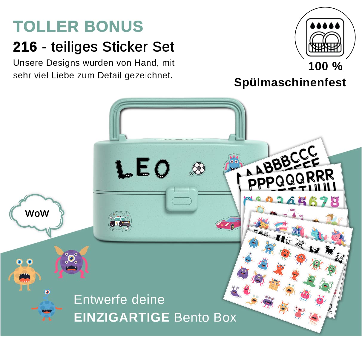 Mocada® Bento Box met handvat voor kinderen, inclusief 216-delige stickerset, BPA-vrij, lekvrije lunchbox met bestek en vakken, duurzame broodtrommel zonder schadelijke stoffen, voor school, roze