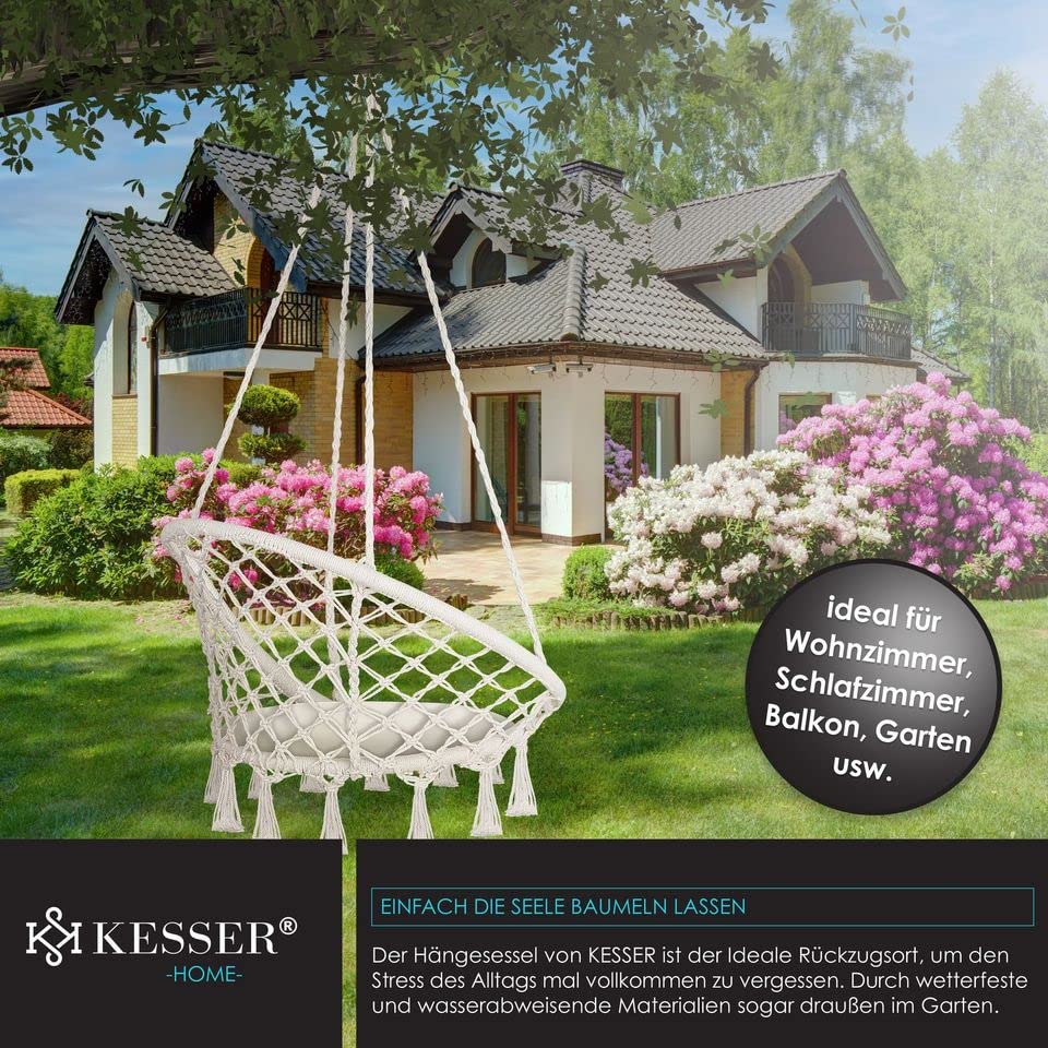 KESSER® Hängesessel 150kg mit 2 Stahlringe Sitzpolster geflochten Fransen Hängestuhl Hängekorb Schaukelkorb Garten Indoor wetterfest, wasserabweisend, Beige - Image 6