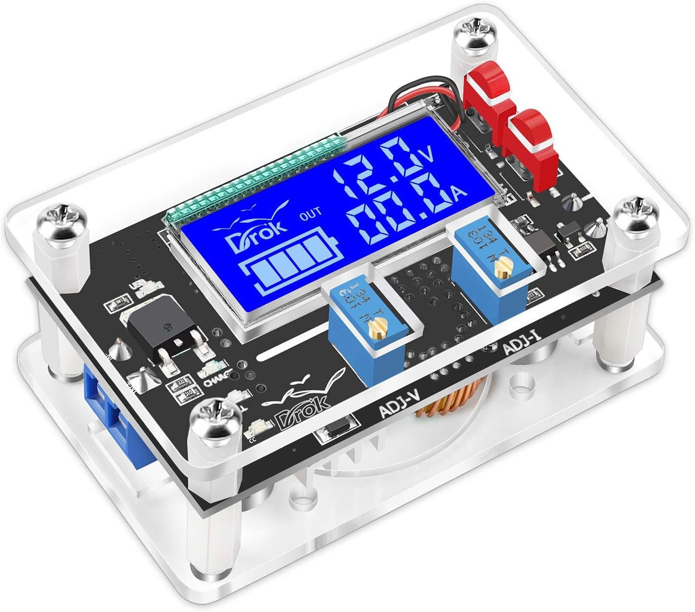 DROK Buck Boost Voltage Regulator, DROK DC 6-30V to DC 0.5-30V 5V 12V 24V Adjustable Voltage Converter, 4A 60W Power Supply Step Up Down Transformer Board Module with USB Port Case LCD Display Volt Am