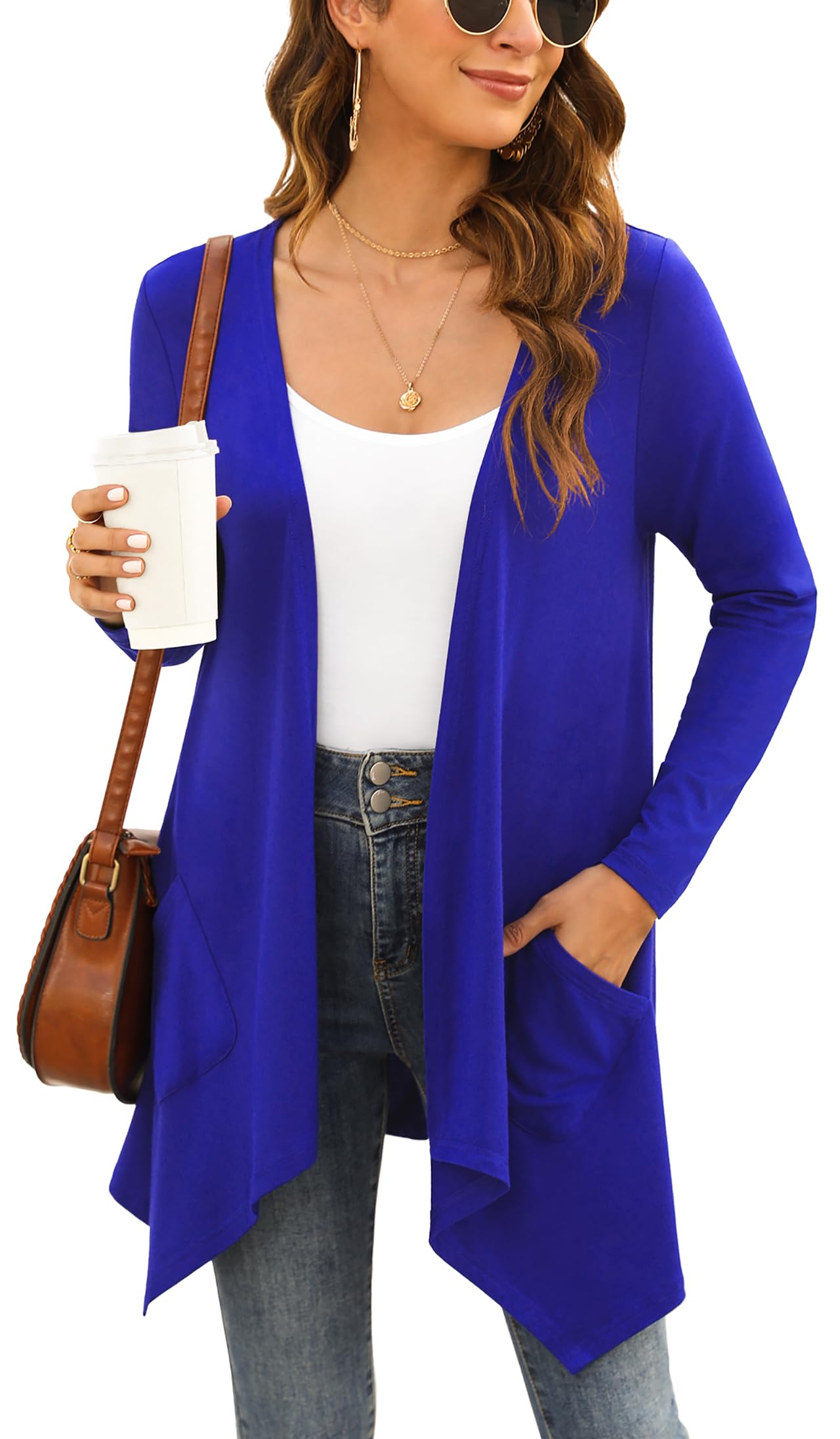 Yommay Damen Sommer Kurzarm-Lang Strickjacken für Damen Elegante lässige leichte Strickjacke mit Tasche High Low Saum