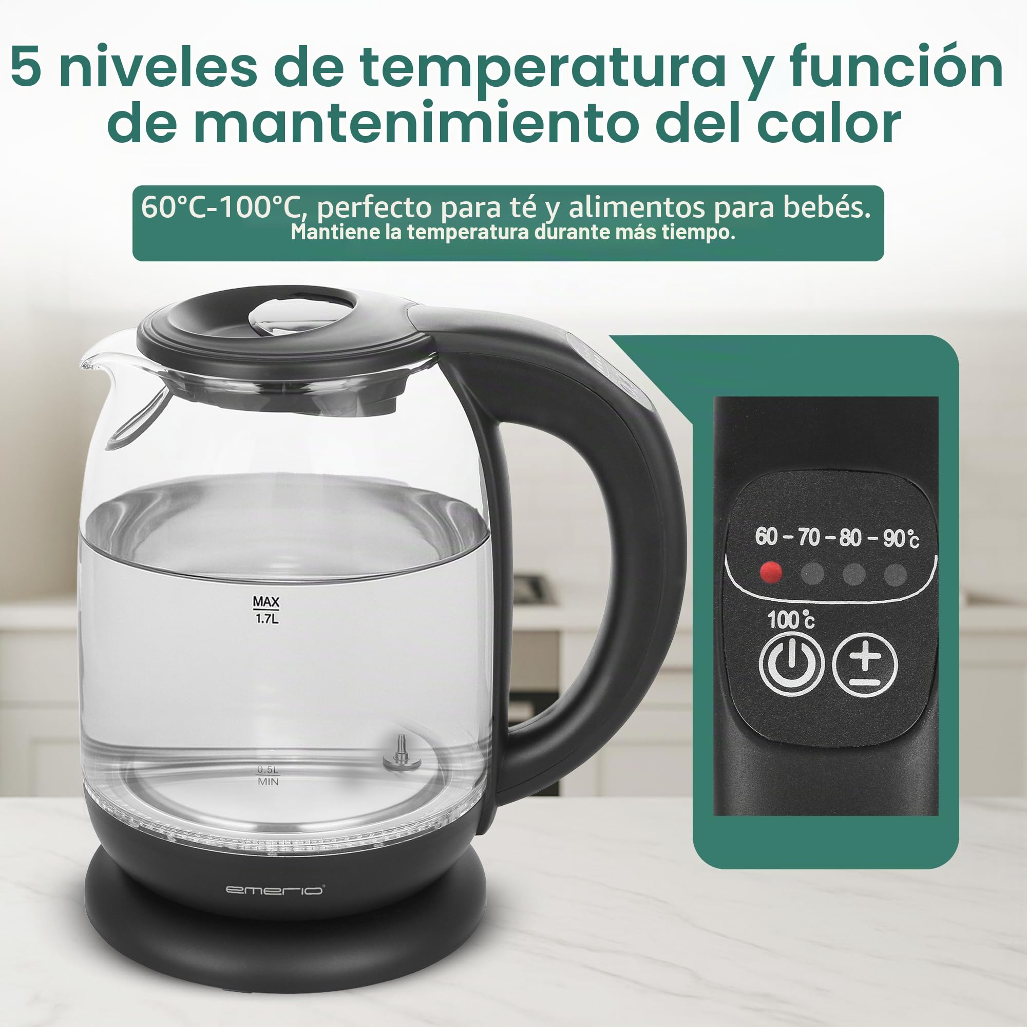 Emerio WK-119255 Hervidor De Agua Eléctrico Cristal, 2200 W, 1.7 litros, Acero Inoxidable, Transparente Negro [Clase de eficiencia energética A+]