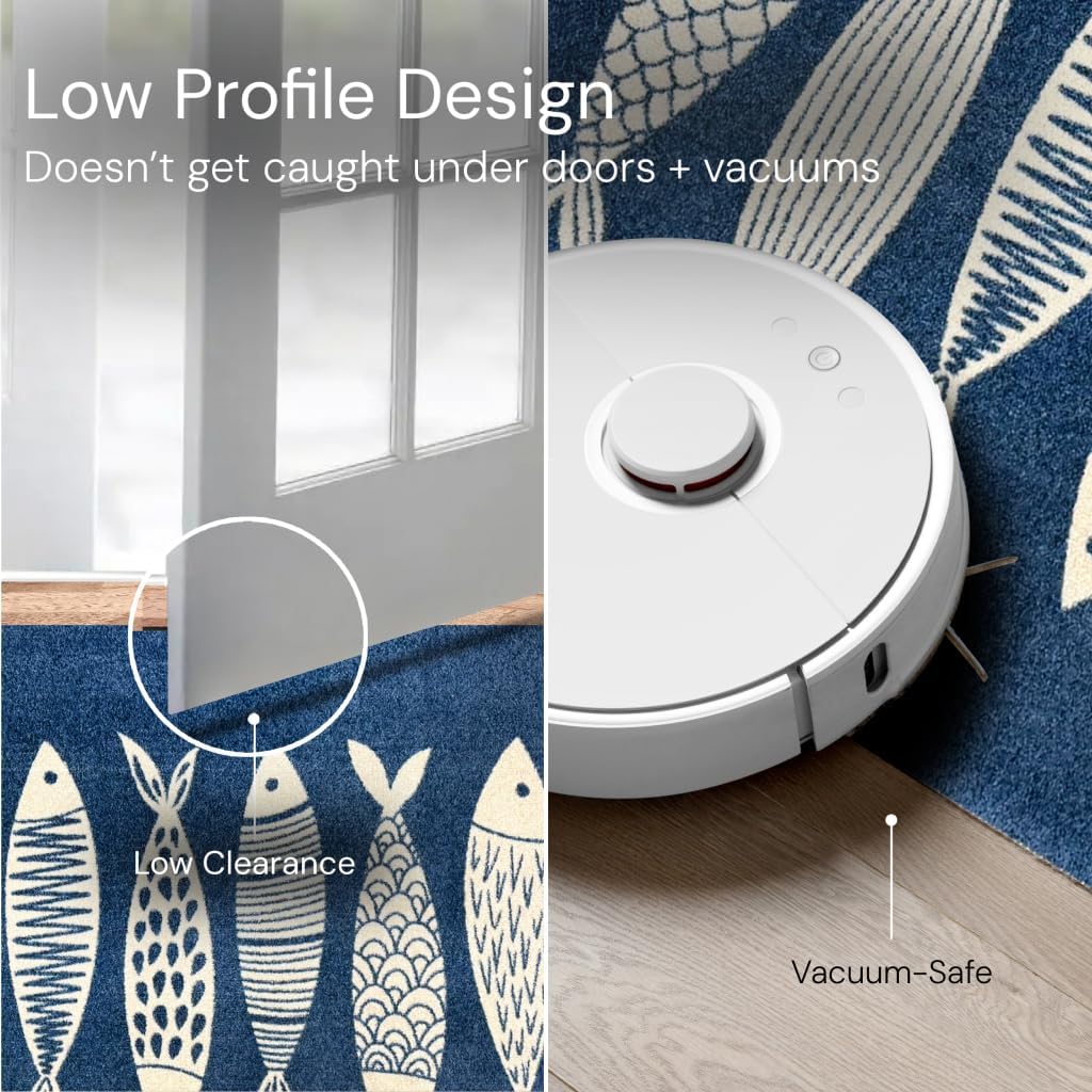 Wash+Dry Fish Tango One-Piece Washable Rug with Rubber Backing, Small Door Mat for Entryway, Kitchen, Bathroom, Non-Slip Indoor Doormat, White and Dark Navy Fish Design, 20" x 27.5"